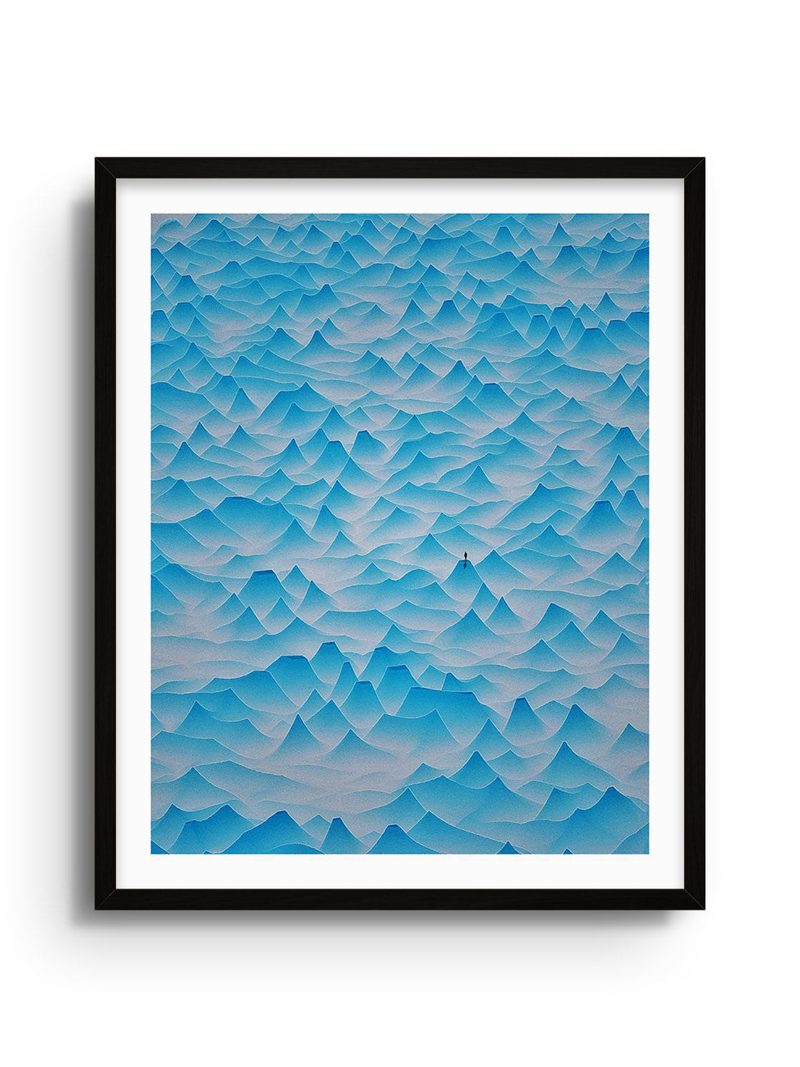 "Paper Mountains" by Michael Strevens in black frame, fine art print featuring abstract mountain-like paper formations.