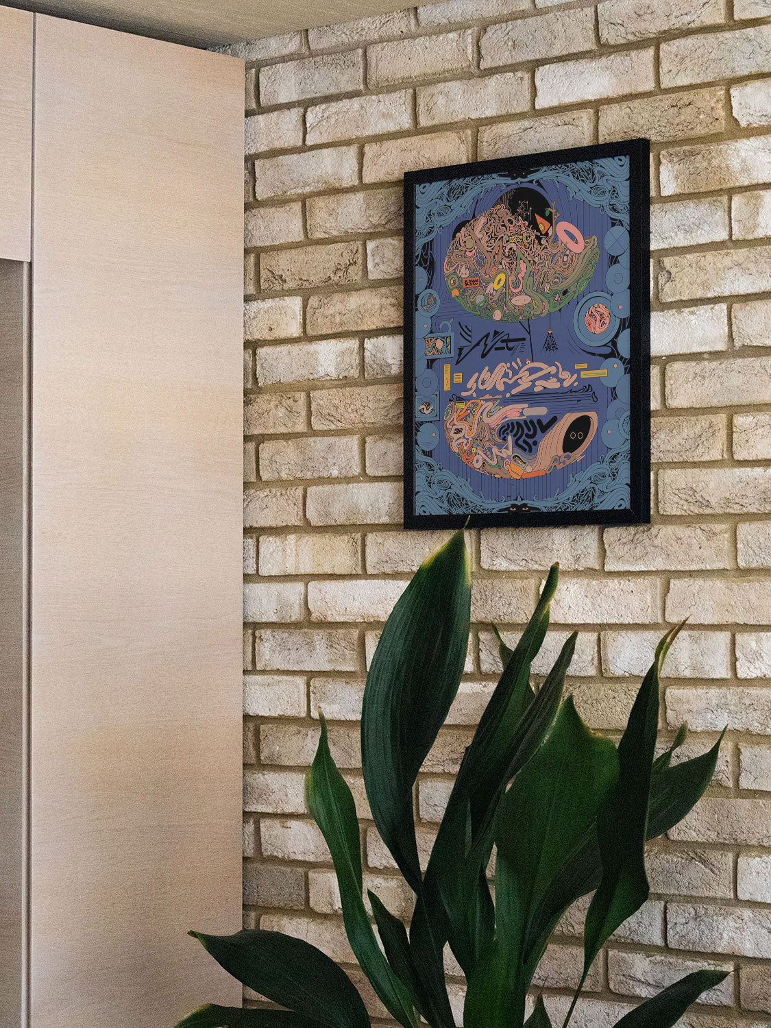 "Treetrovert" by Ori Toor in black frame displayed in modern interior setting against a neutral wall. |type=lifestyle|