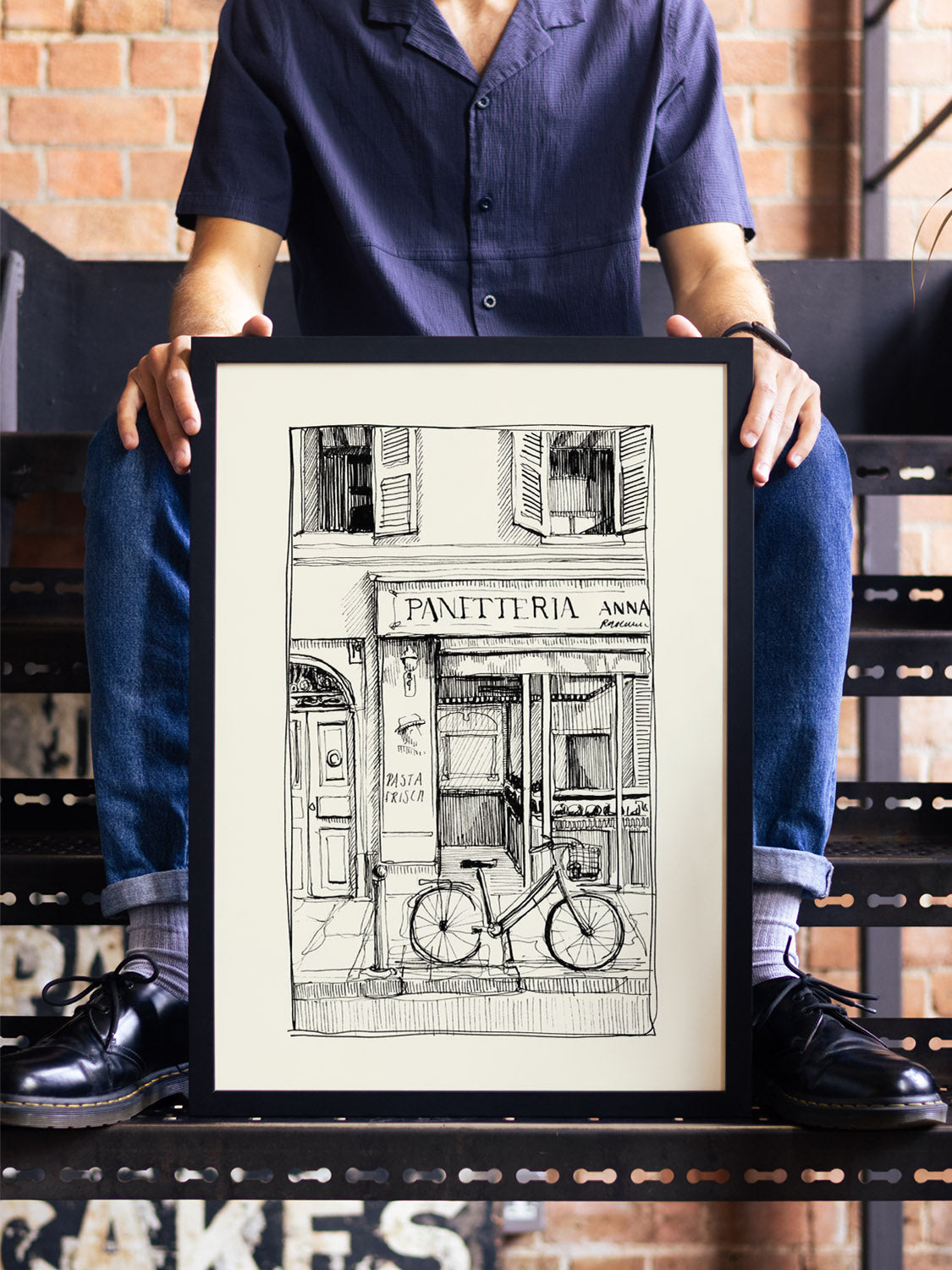 "Panetteria" by Emma Louise in black frame displayed in styled interior setting, fine art print suitable for modern decor. |type=lifestyle|