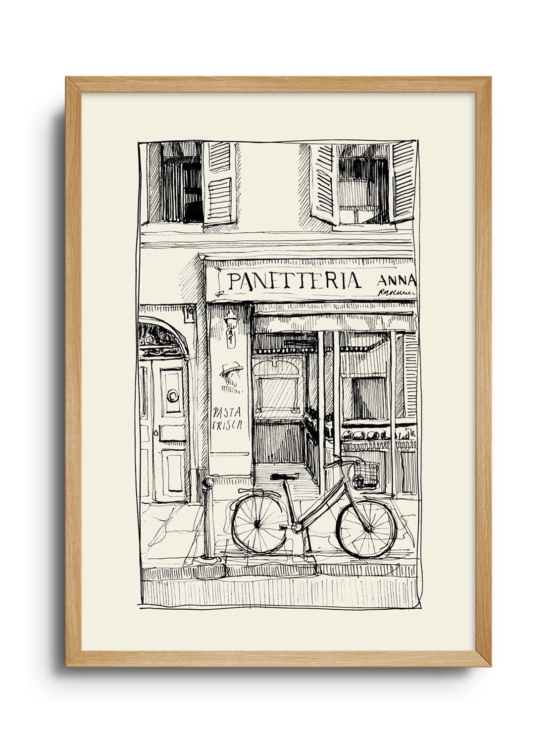 "Panetteria" by Emma Louise, fine art print in Natural Frame, showcasing bread-themed artwork and cozy kitchen elements. |frame=Natural Frame|
