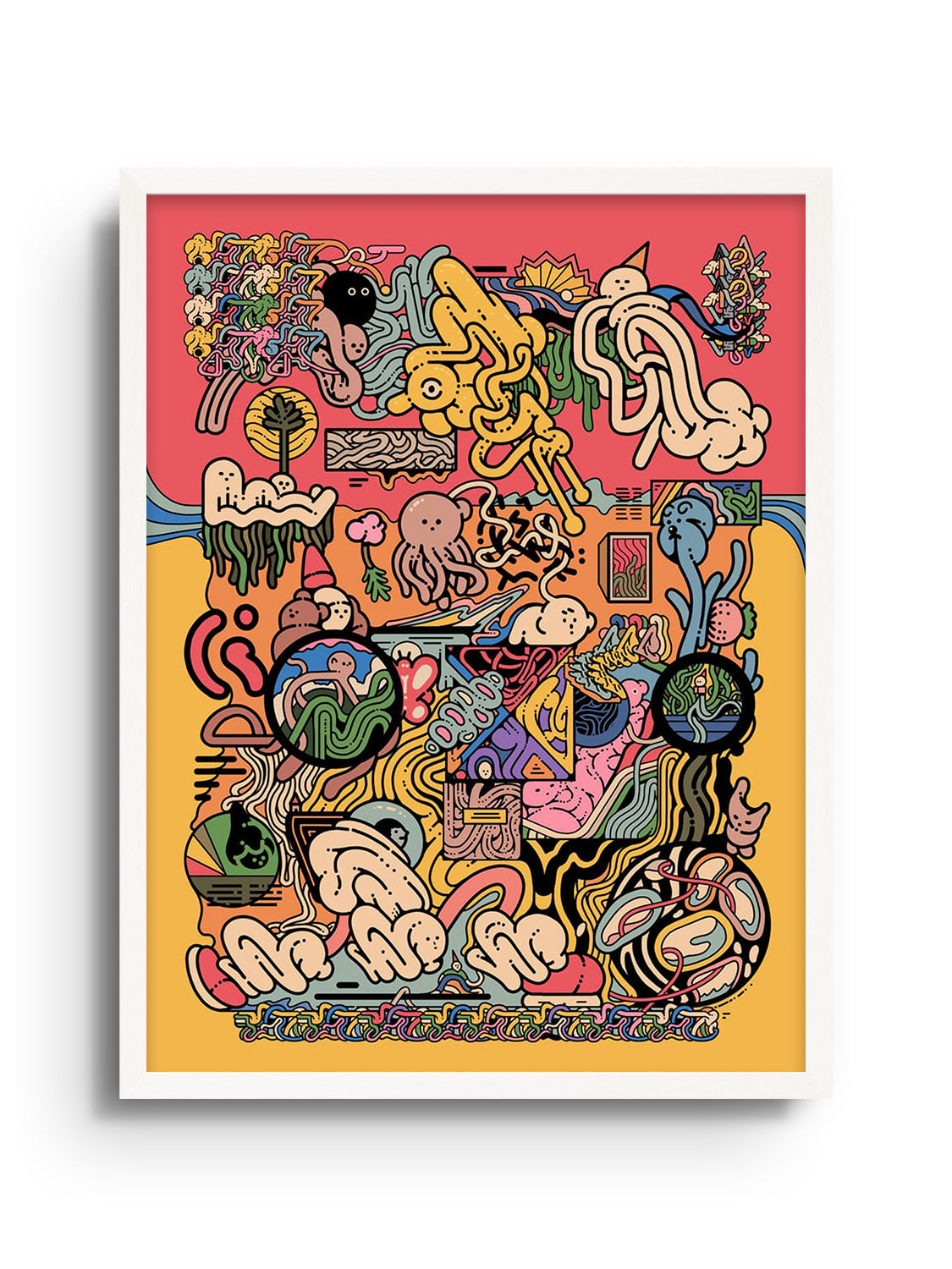 "Wagawawa" fine art print by Ori Toor in white frame. Vibrant abstract design displayed elegantly. |frame=White Frame|