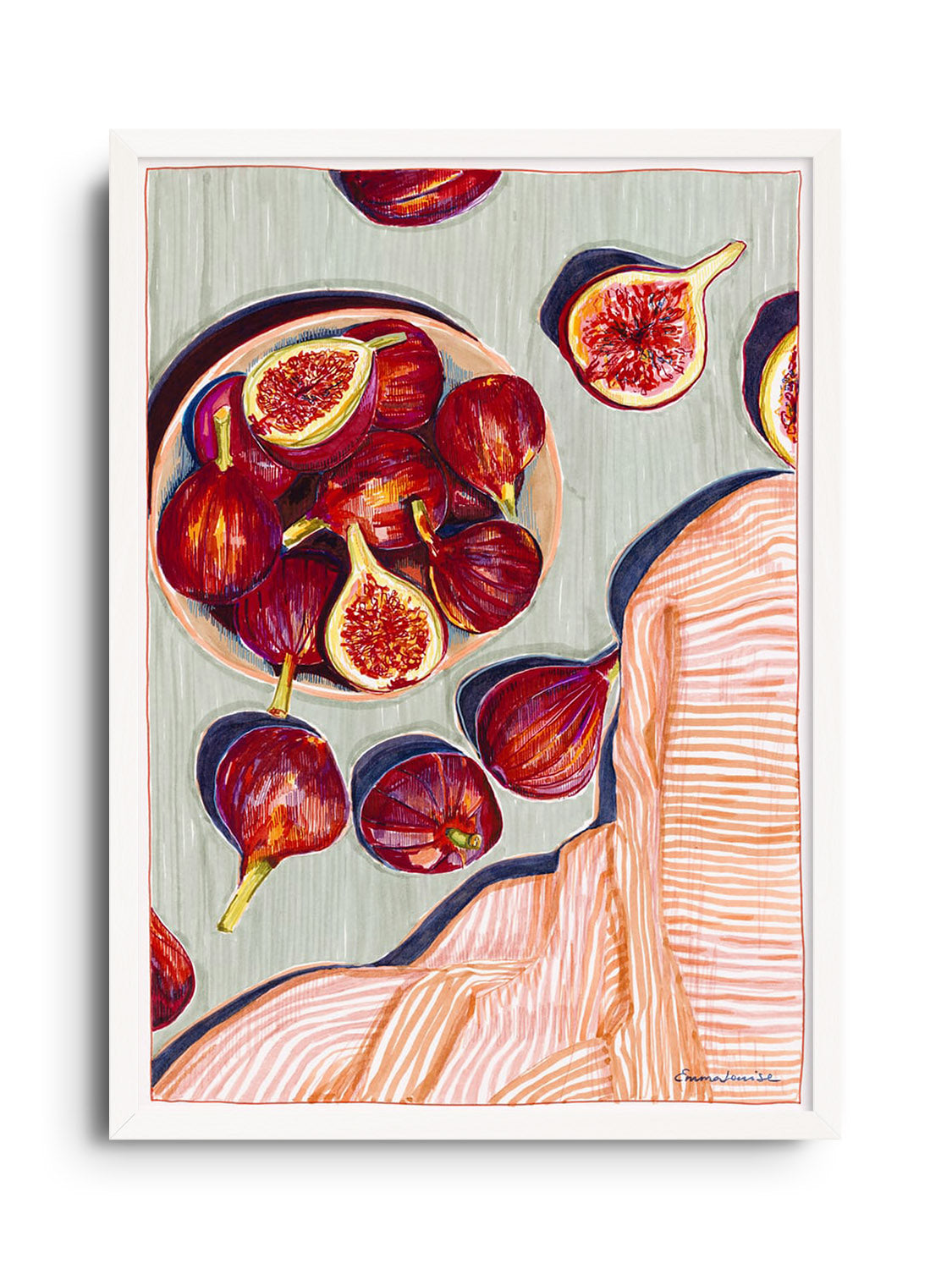 Fine art print "Figs" by Emma Louise in white frame; fig illustration in minimalistic style. |frame=White Frame|