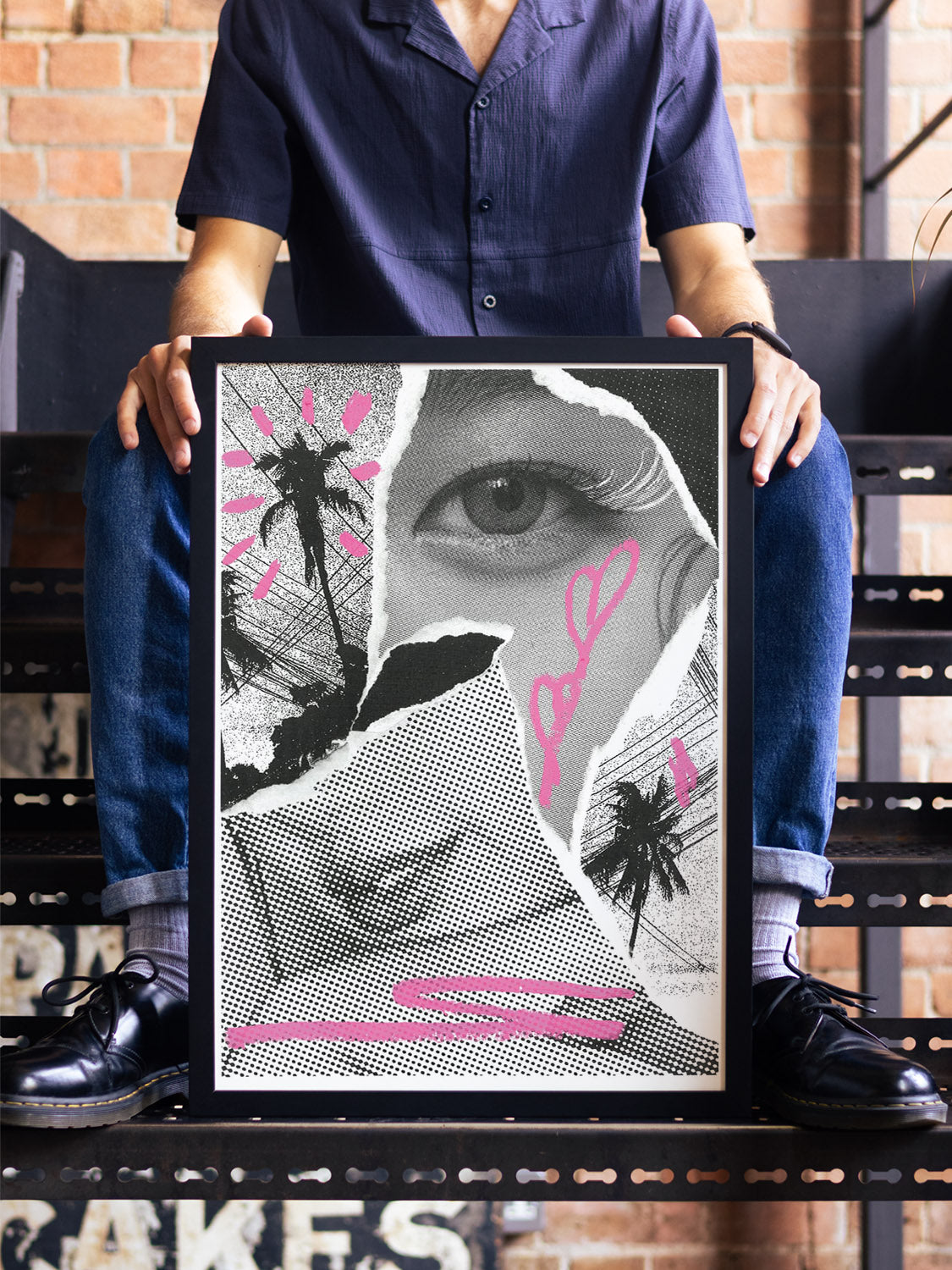 "SMILE" by Chico Leong in black frame, lifestyle setting, fine art print in styled interior with modern decor |type=lifestyle|