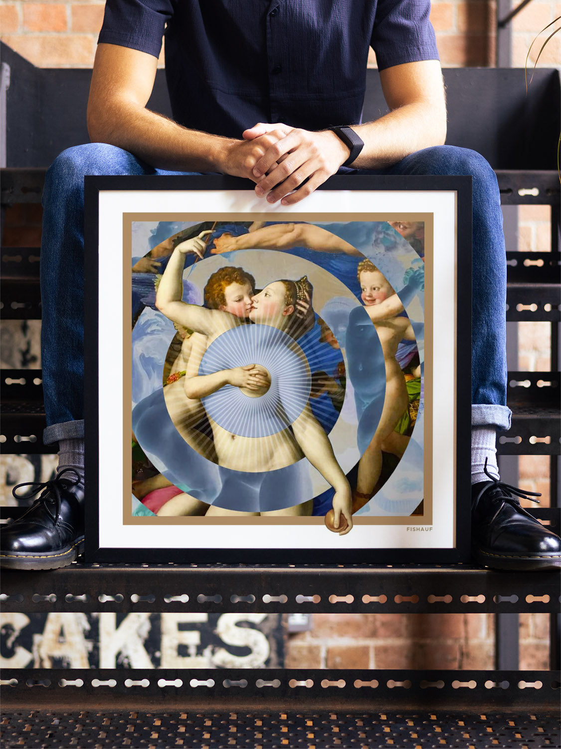 "THE KISS" by Louis Fishauf, fine art print in black frame, displayed in styled interior setting. |type=lifestyle|