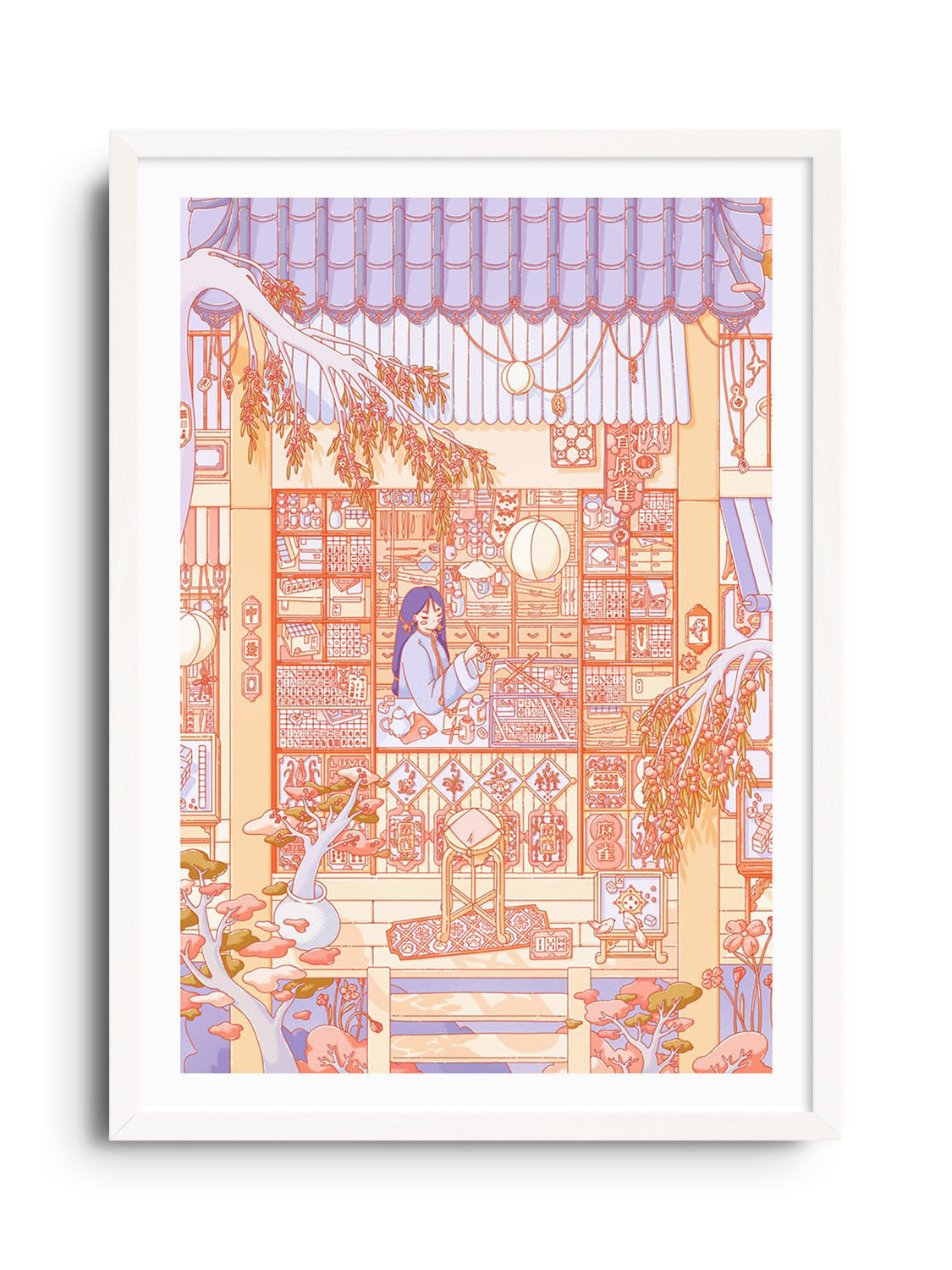 "Mahjong Carver" by Laureneely, fine art print in white frame. Art print framed elegantly for a sophisticated display. |frame=White Frame|