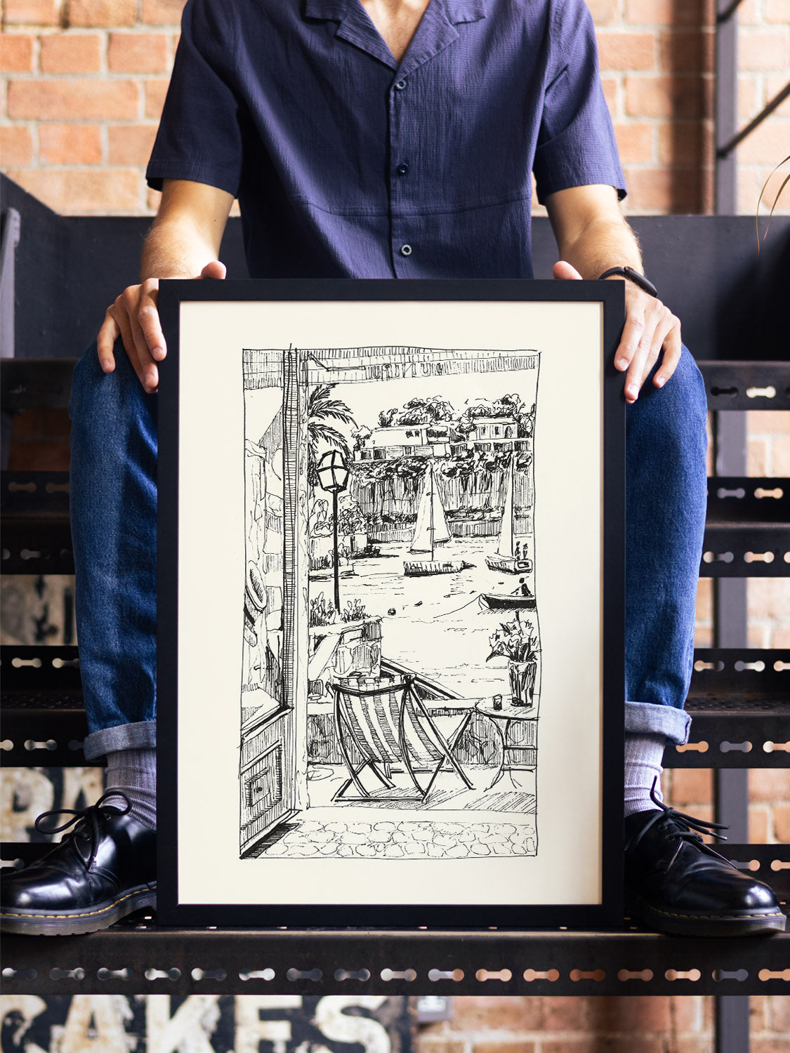 "Balcony In Italy" by Emma Louise in black frame, displayed in a modern interior setting. Fine art print wall decor. |type=lifestyle|