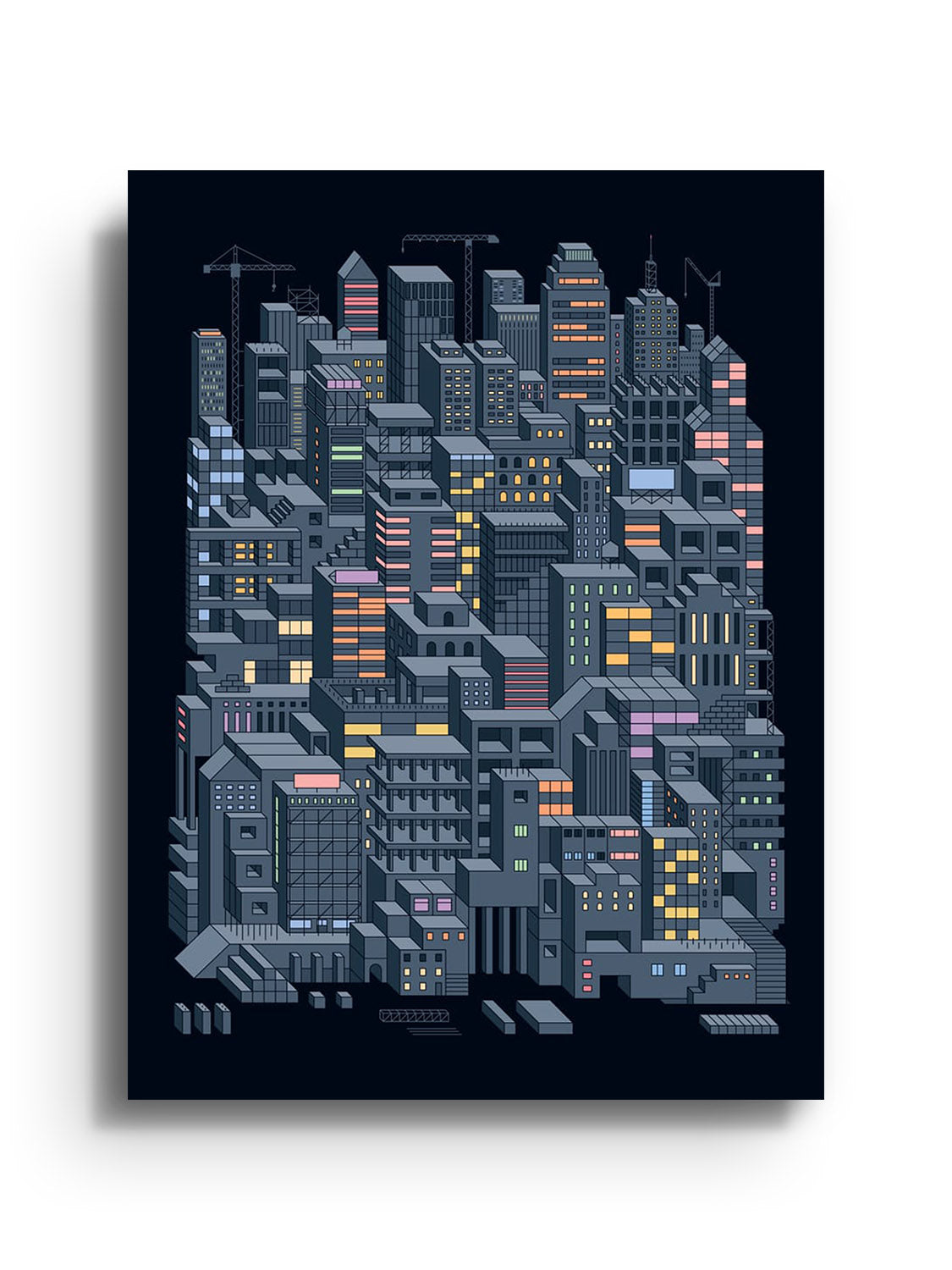 "City Builders (Nighttime)" fine art print by Rick Crane, shown unframed, highlighting cityscape at night. |frame=Unframed|