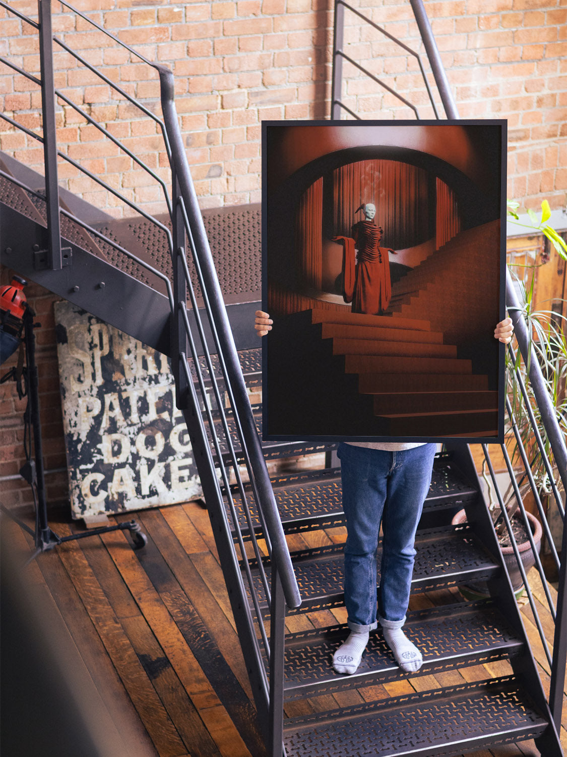 "Night Raid" by denisa rahma fine art print in black frame, displayed in a modern interior setting.