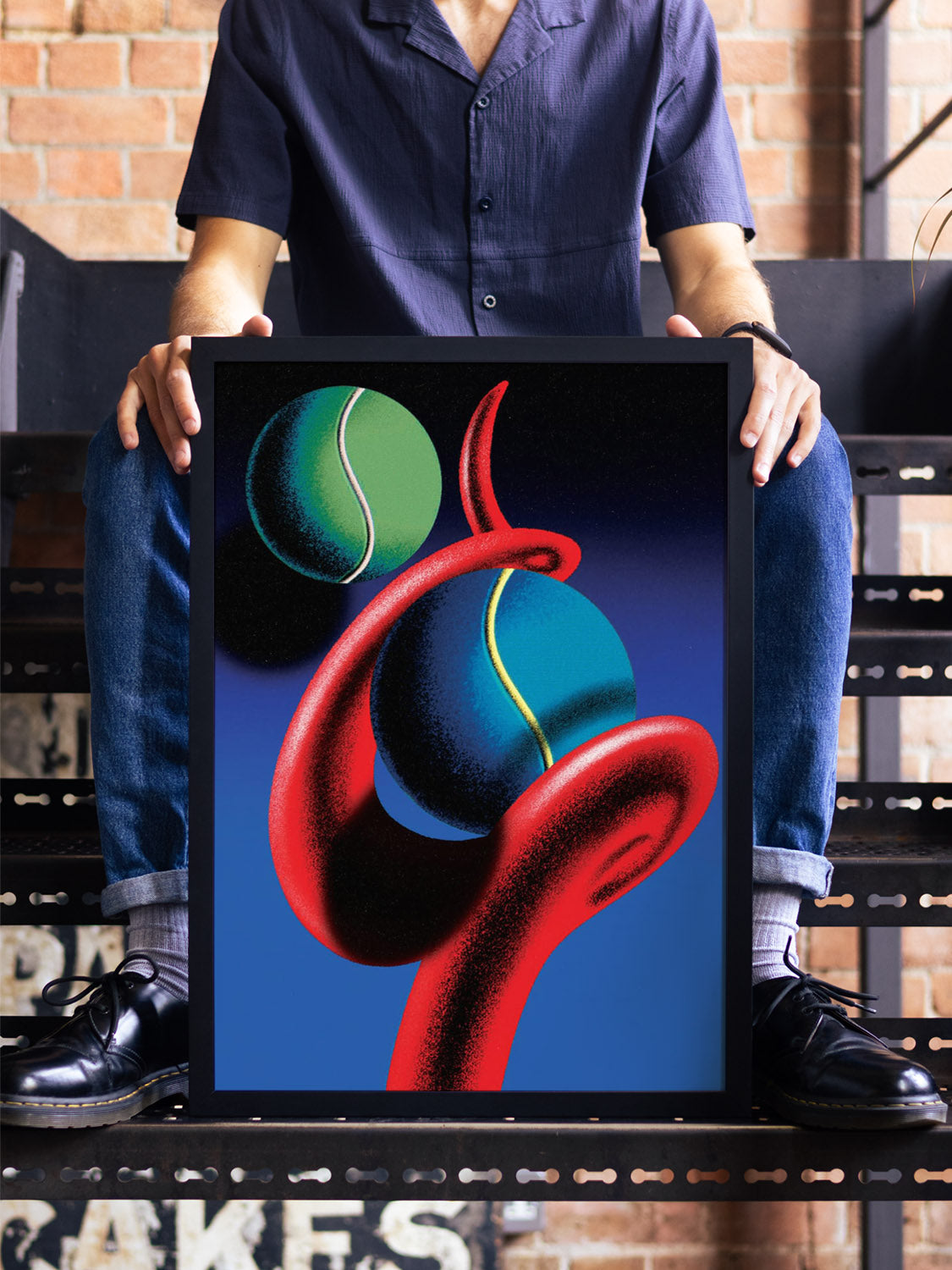 "Spiraling Game" by Sheyi Adebayo displayed in styled interior, fine art print in black frame. |type=lifestyle|