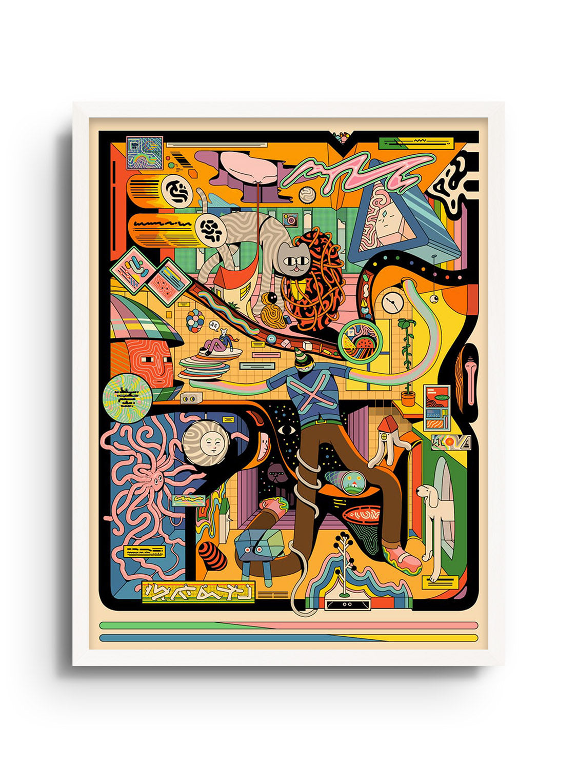 "Framographic2" by Ori Toor, fine art print in white frame, vibrant abstract design displayed in contemporary setup. |frame=White Frame|