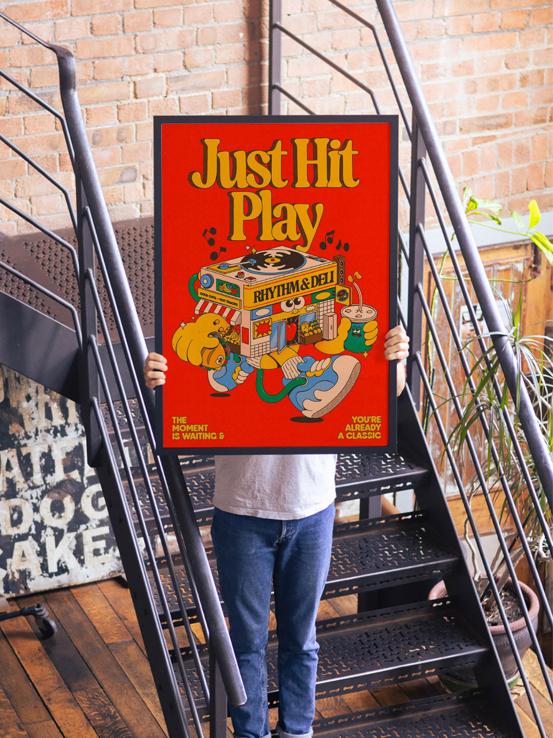 "Just Hit Play" by My Sunbeam, fine art print in black frame, displayed in styled interior setting. |type=lifestyle|