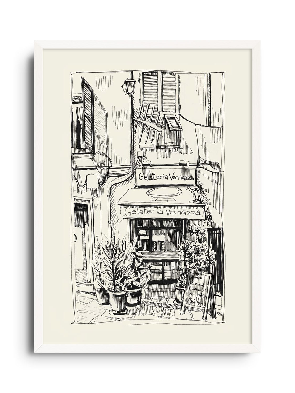 "Sun On Gelateria Verriazza" by Emma Louise, fine art print in white frame. |frame=White Frame|