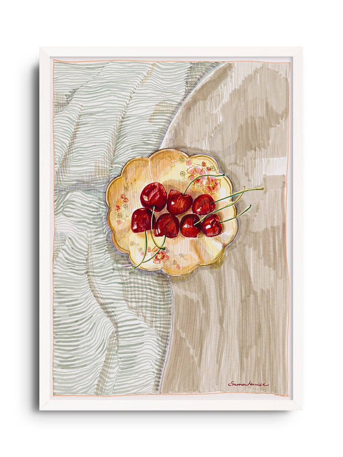 "Cherries" fine art print by Emma Louise in white frame, showcasing vibrant red cherries against a white backdrop. |frame=White Frame|