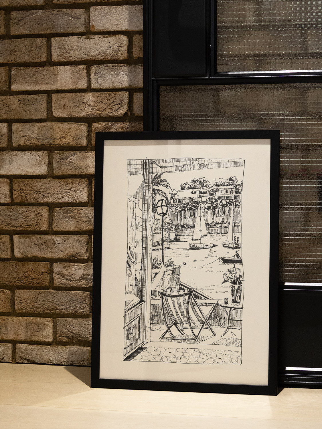 "Balcony In Italy" by Emma Louise displayed in a styled setting, fine art print in black frame. |type=lifestyle|
