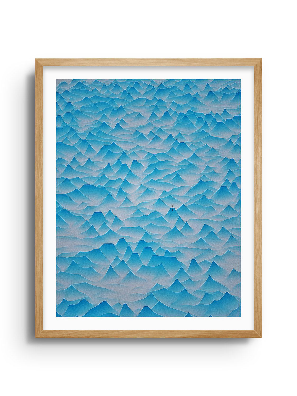 "Paper Mountains" by Michael Strevens, fine art print in natural frame, showcasing layered abstract mountain design.