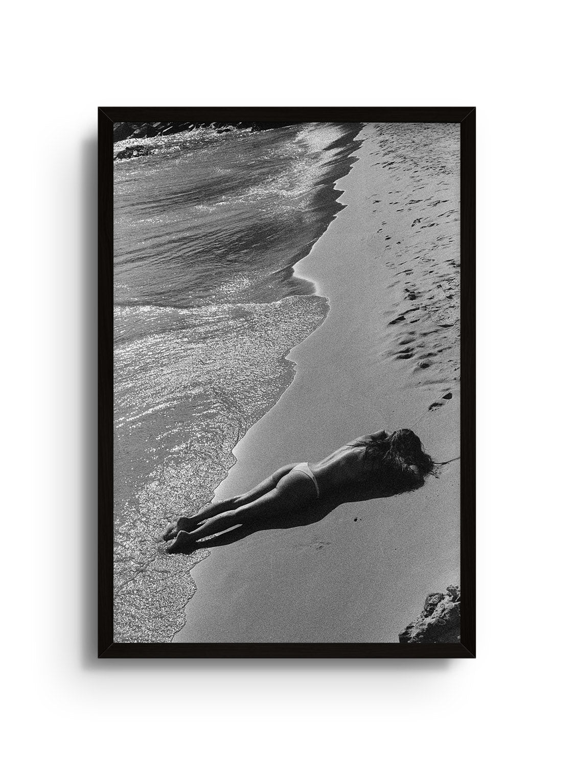 "Beach Bliss" by Adam Sherrett fine art print in black frame, showcasing serene beach scene with ocean and sky. |frame=Black Frame|