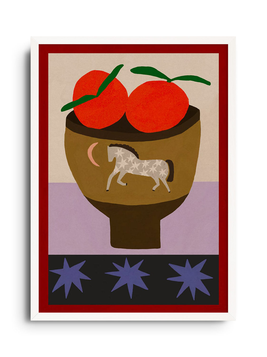 "Oranges In A Vase" by Sophie Deller, fine art print in white frame displaying vibrant oranges and greenery in a vase. |frame=White Frame|