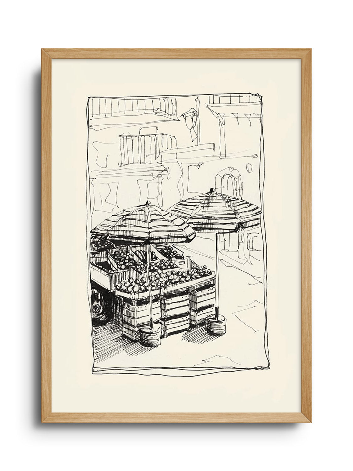 "Fruit Stands" by Emma Louise in natural frame, fine art print showcasing vibrant fruit market scene. |frame=Natural Frame|