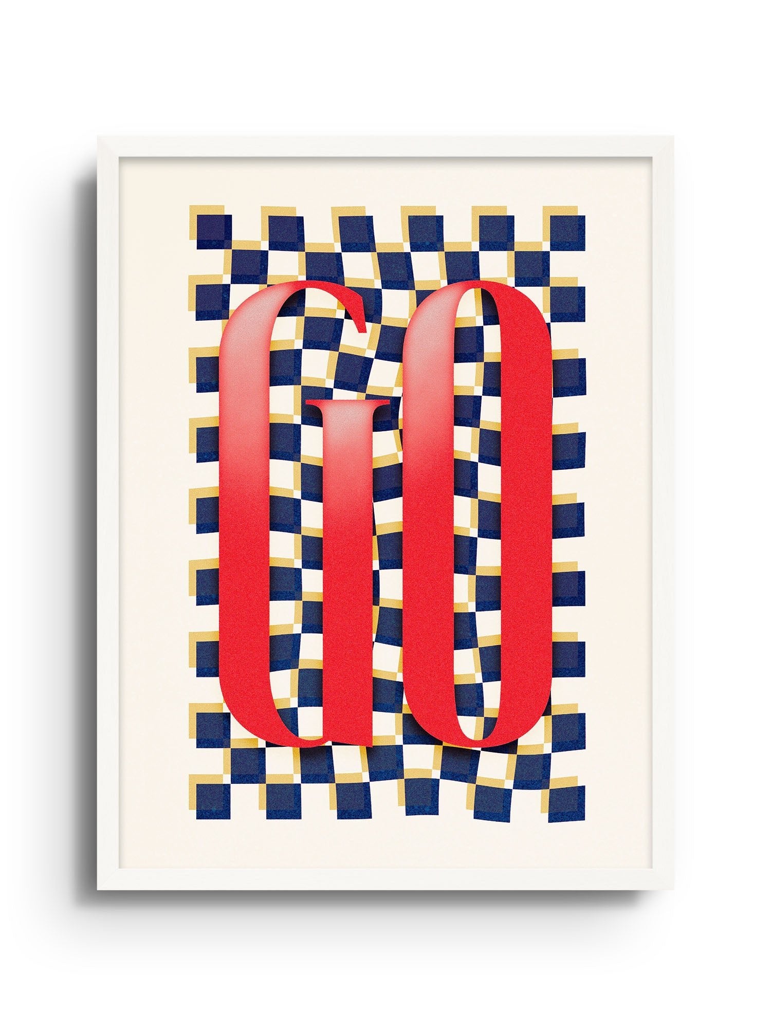 Framed art print titled Go - Fergus Hannant featuring large red typography on a distorted blue and beige checkered background.