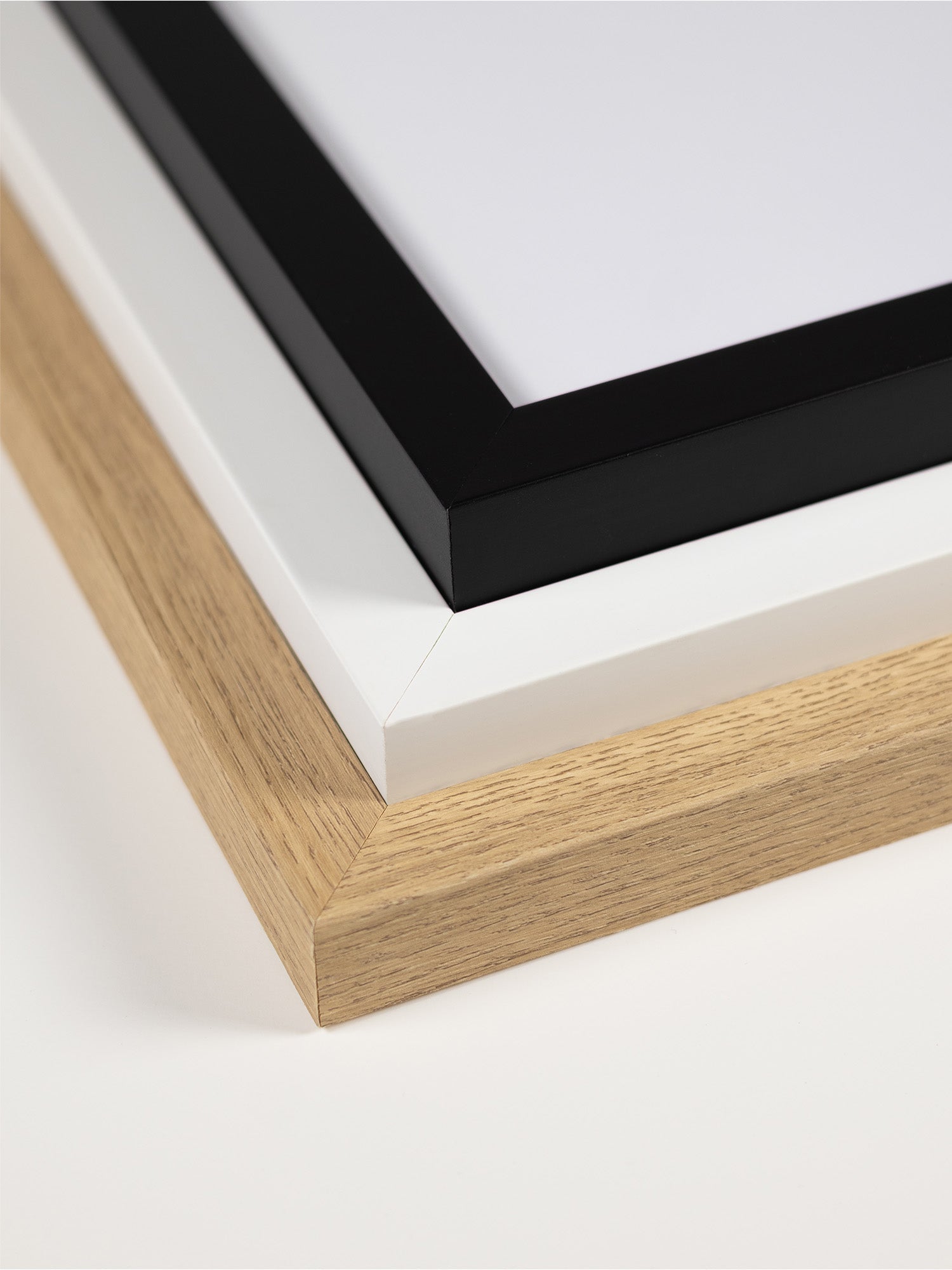 Natural Wood - Premium Wooden Picture Frame showing close-up of three frame colors and fine craftsmanship details.