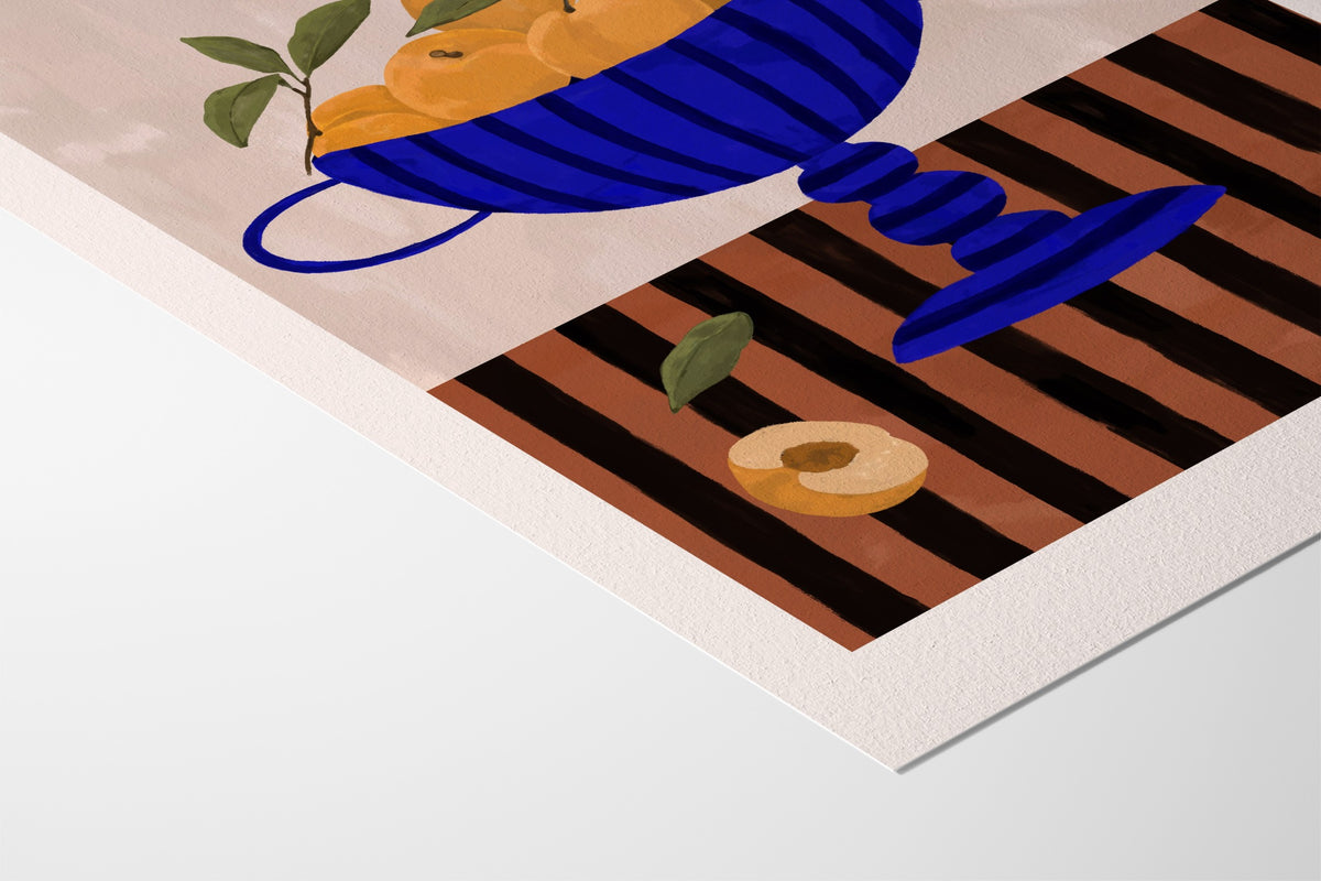 peaches in blue striped vase - Frankie Penwill - Hahnemuhle German Etching 310gsm |type=paper|