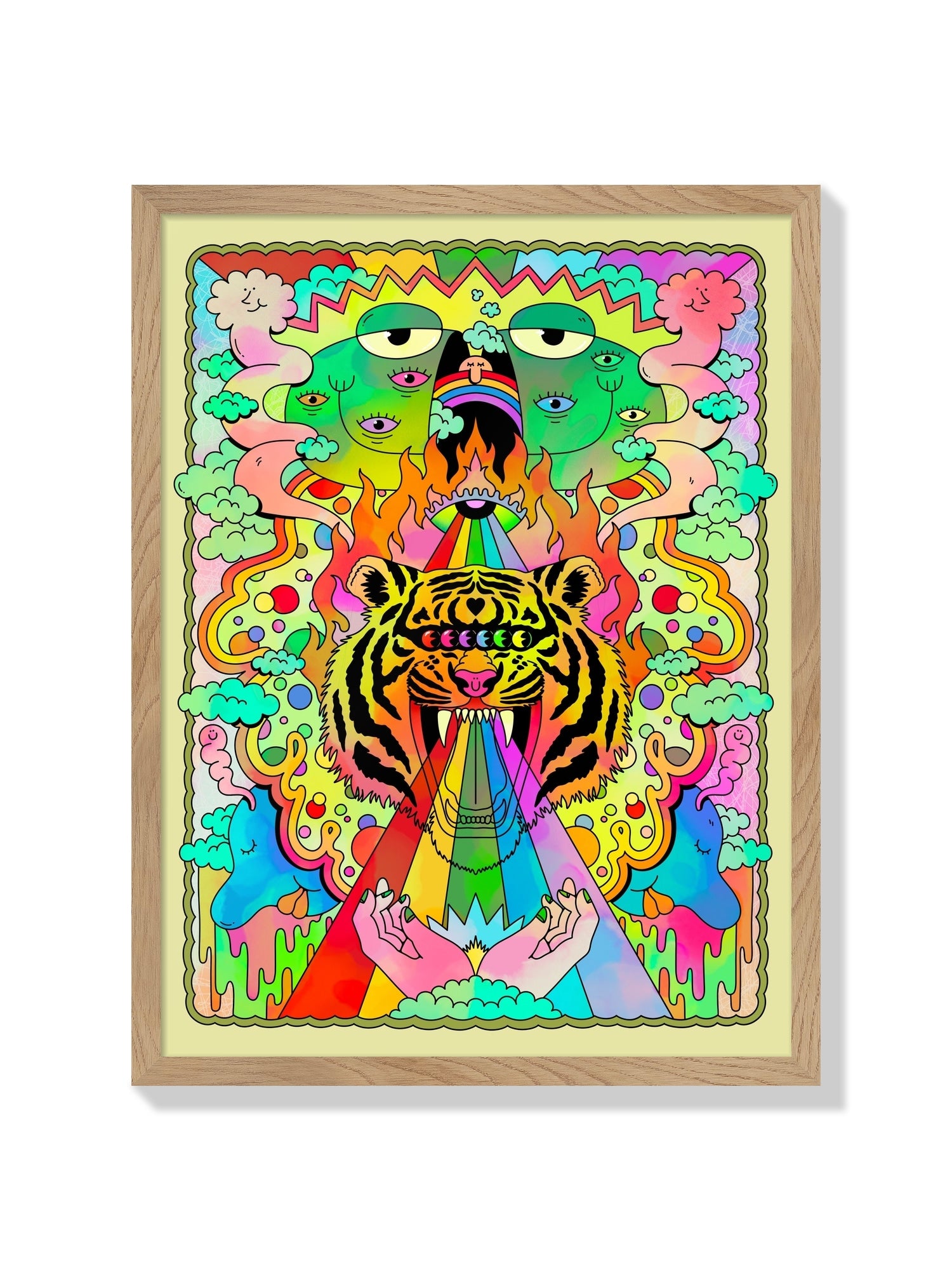 "Rainbow Tiger Blood" fine art print by James Carey in Natural Frame, showcasing vibrant colors and dynamic portrait art. |frame=Natural Frame|