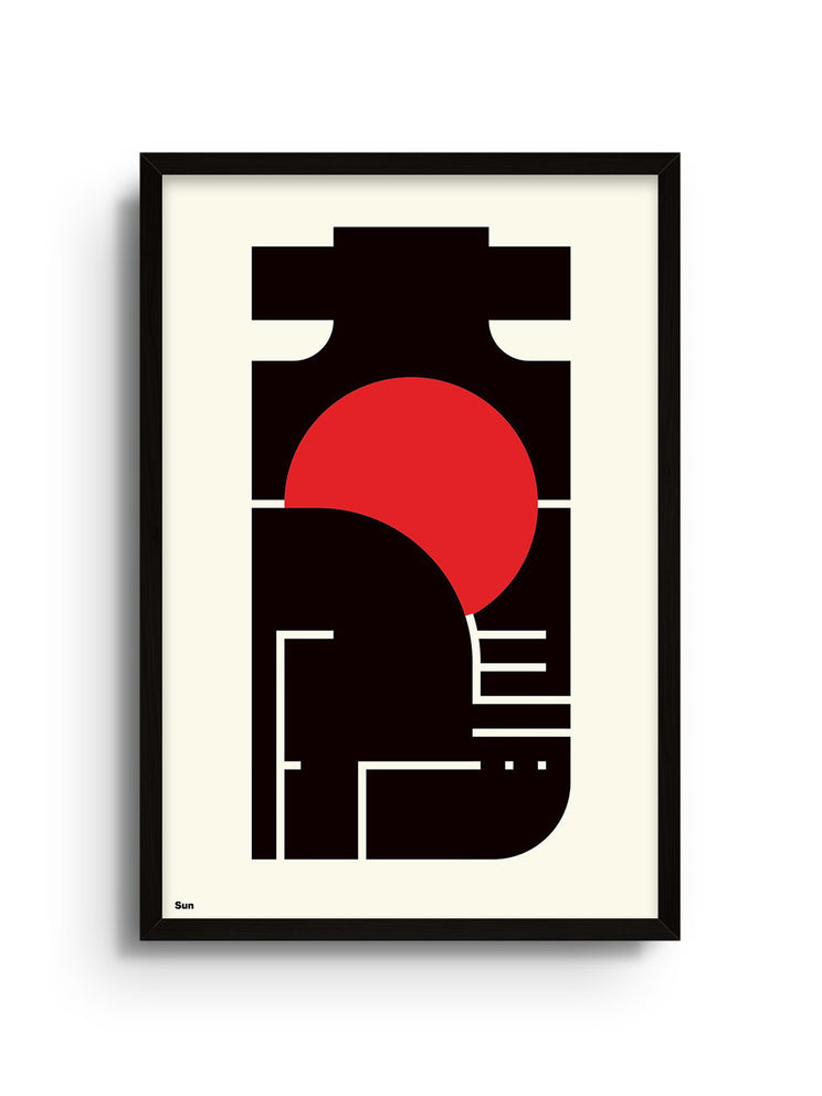 "太陽 (sun)" by Kenichi Minami in black frame; mockup from East Side Studio London. Fine art print display.