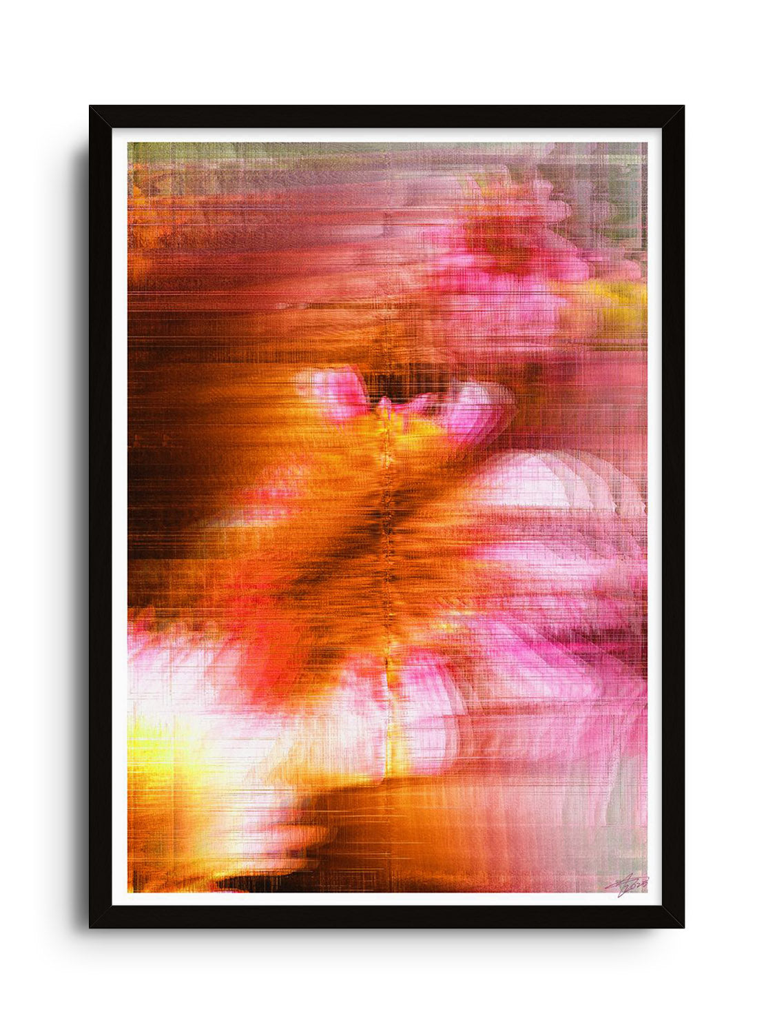 "Glitch 25.915 Flwr.001" by Aaron Borchardt in Black Frame, styled mockup at East Side Studio London.