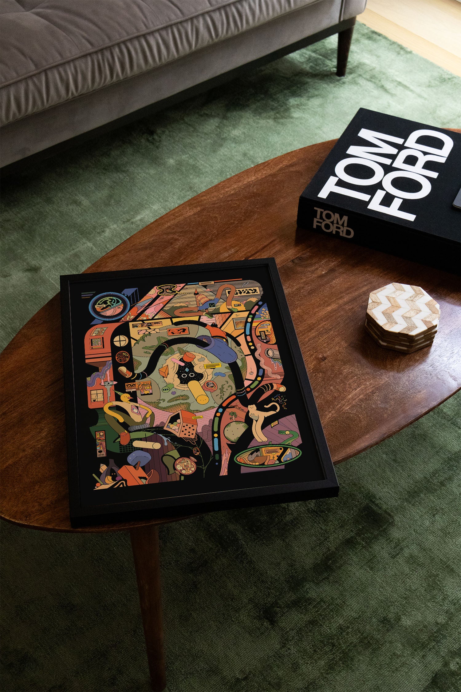 a coffee table with a book on top of it