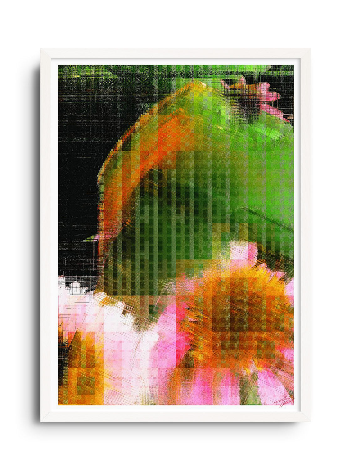 "Glitch 25.915 Flwr.002" by Aaron Borchardt in white frame, product mockup from East Side Studio London fine art gallery.