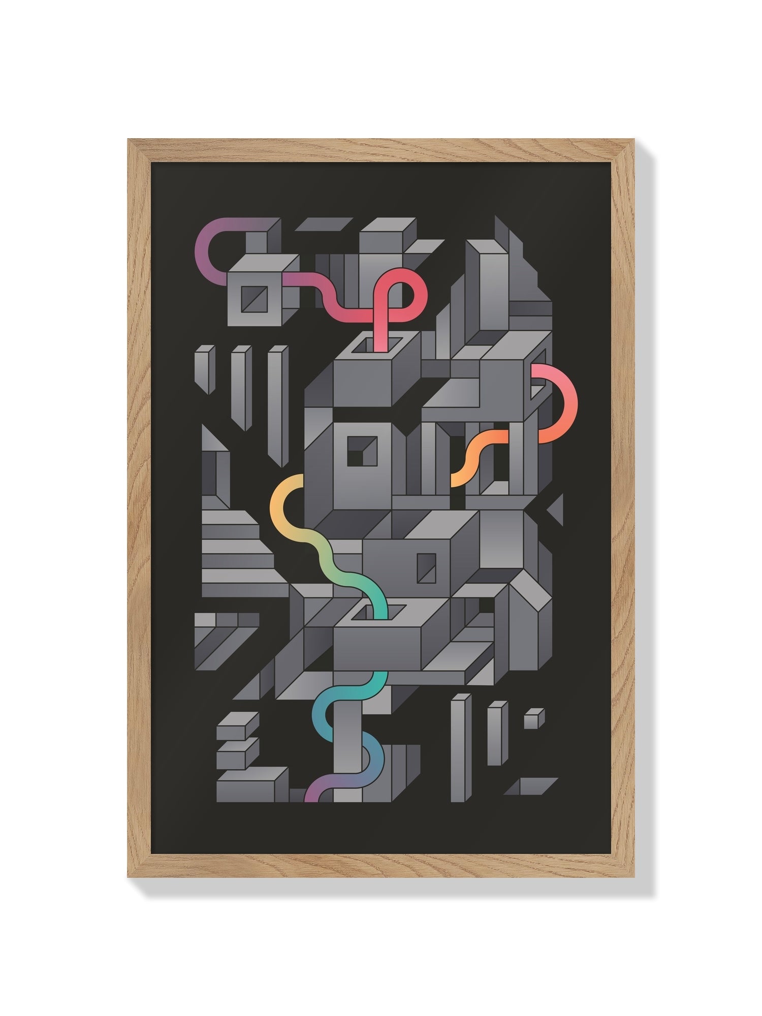 Fine art print "Shape Shift 06" by Rick Crane in natural frame, showcasing abstract design with bold shapes and colors. |frame=Natural Frame|