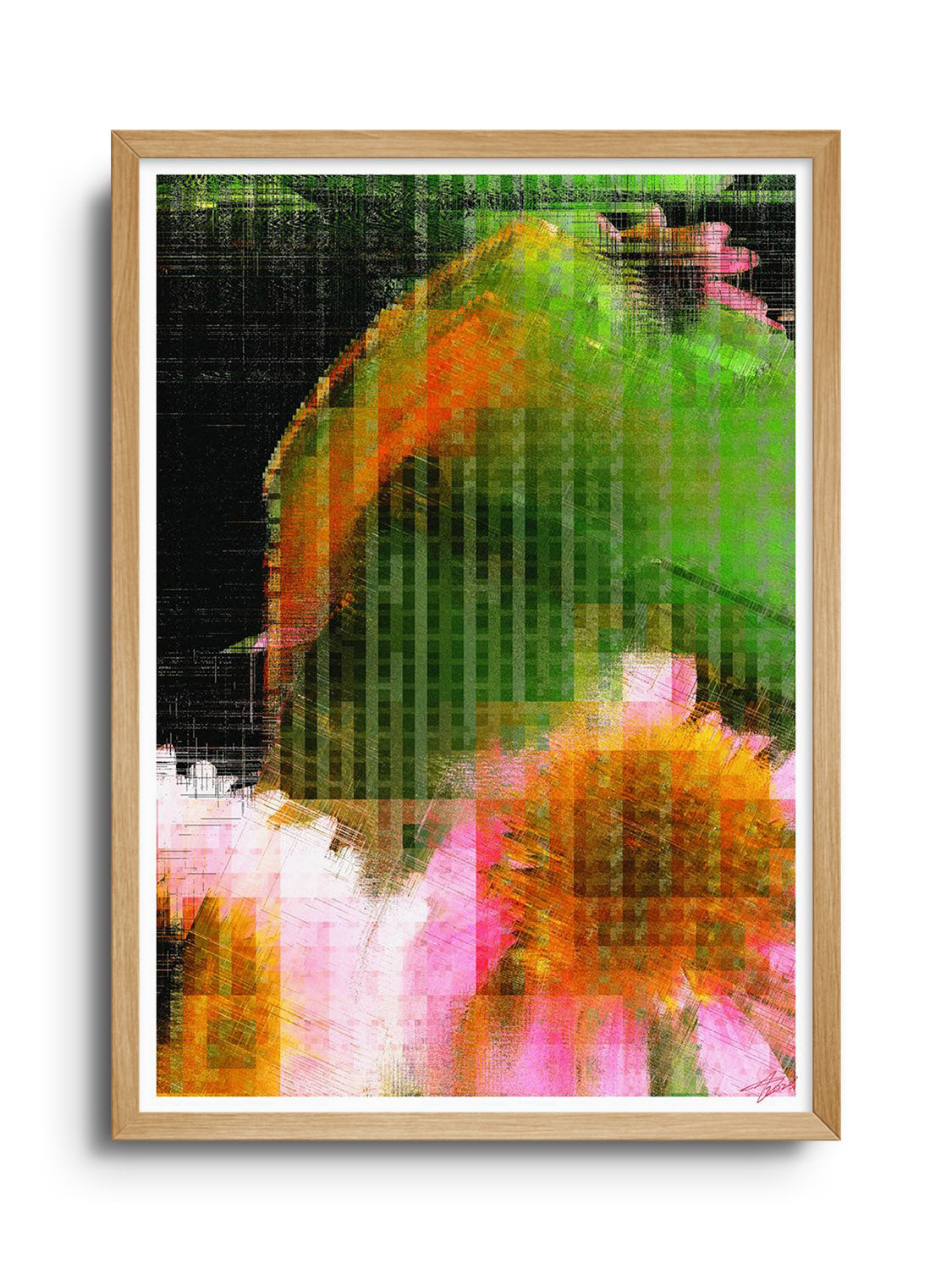 "Glitch 25.915 Flwr.002 by Aaron Borchardt in Natural Frame, East Side Studio London fine art print mockup."