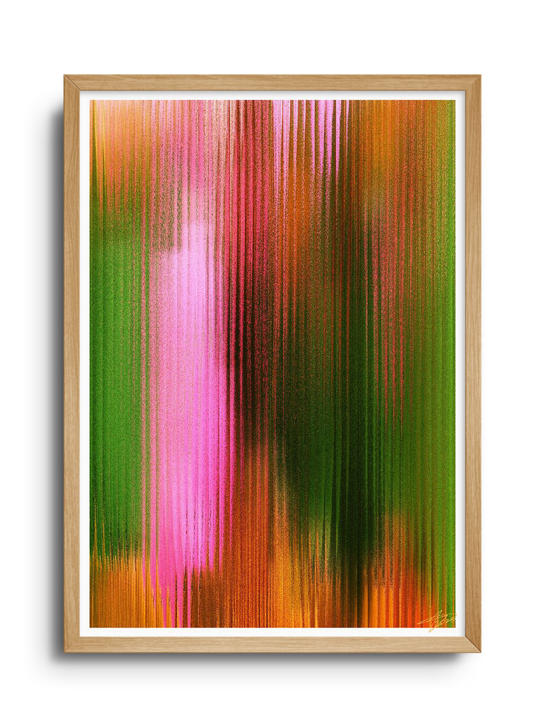 "Glitch 25.915 Hazy Delight" by Aaron Borchardt in a Natural Frame, product mockup from East Side Studio London.