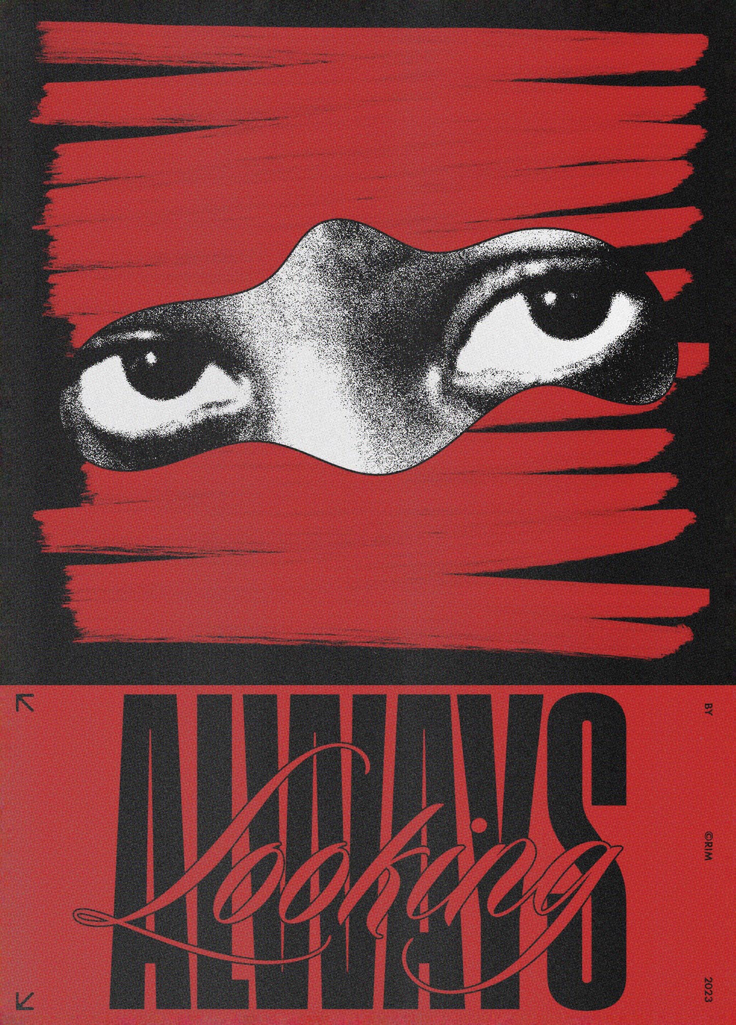 a red poster with a black and white image of an eye