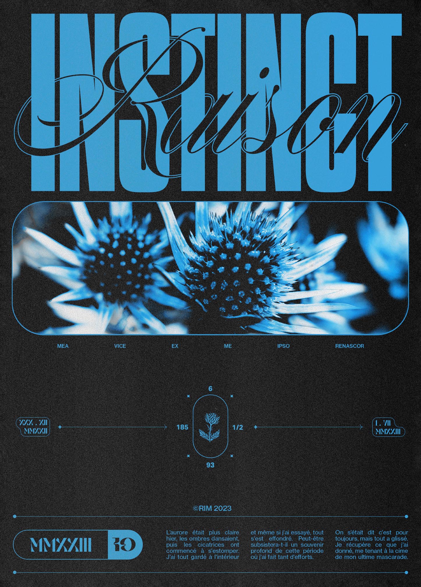 a black and blue poster with a picture of a flower