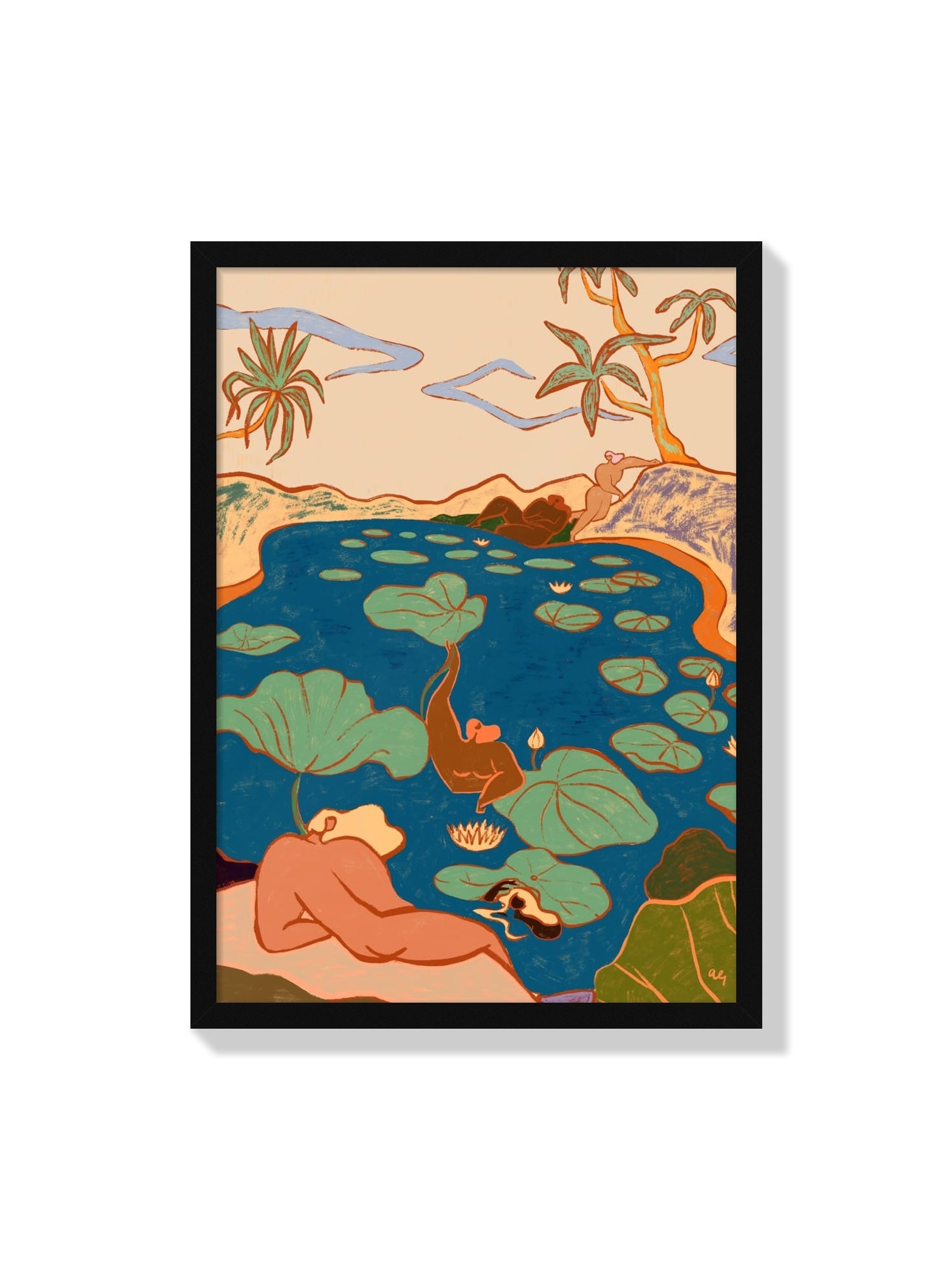 "By The Lily Pond" by Arty Guava fine art print in black frame displayed on a neutral background. |frame=Black Frame|