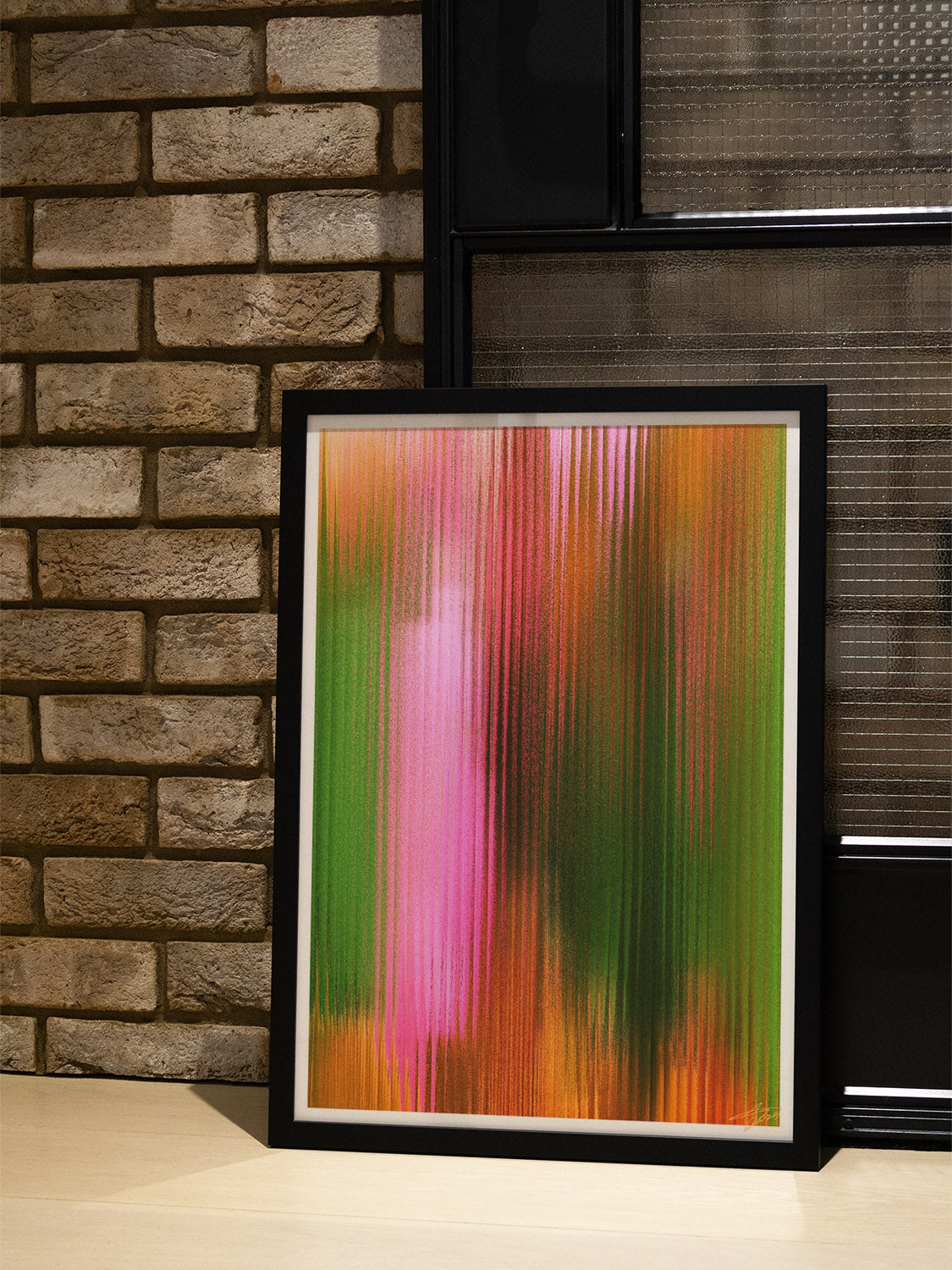 "Glitch 25.915 Hazy Delight" by Aaron Borchardt in styled interior, East Side Studio London, fine art lifestyle setting.