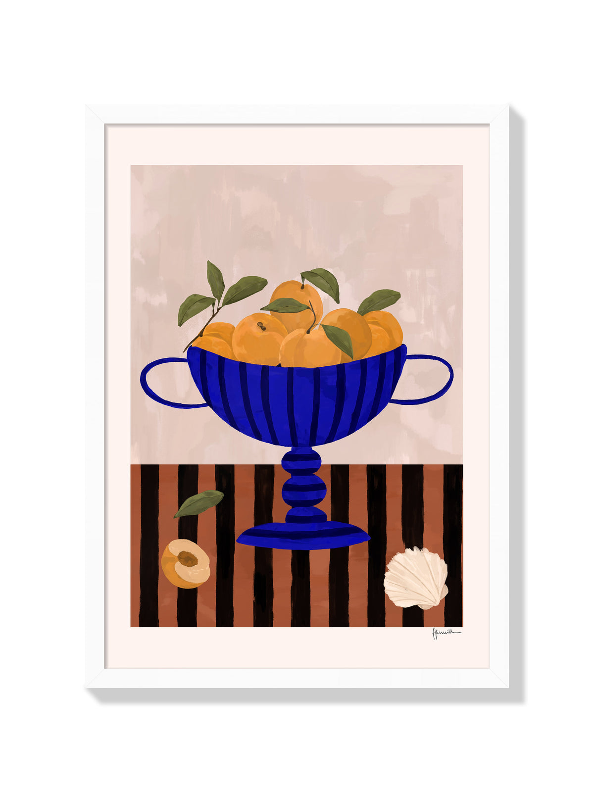 peaches in blue striped vase - Frankie Penwill - White Frame |frame=White Frame|