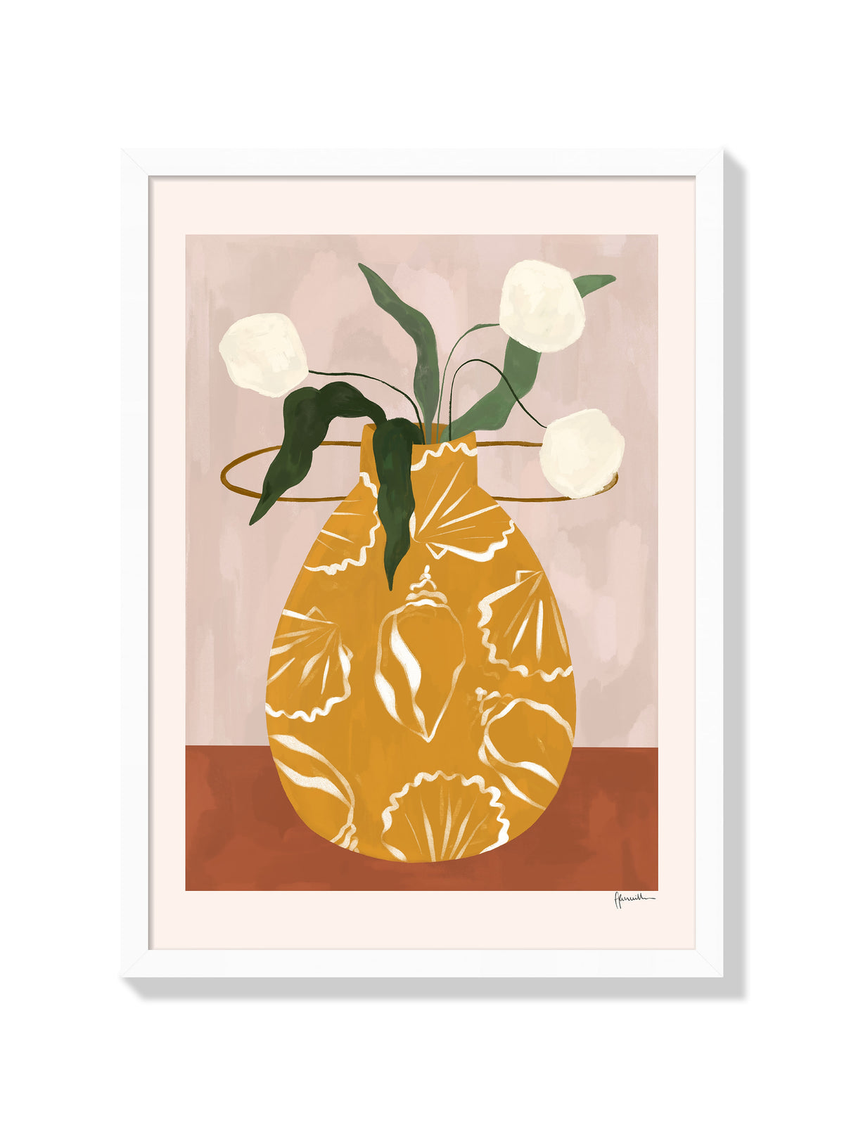White Flowers In Shell Vase - Frankie Penwill - White Frame |frame=White Frame|