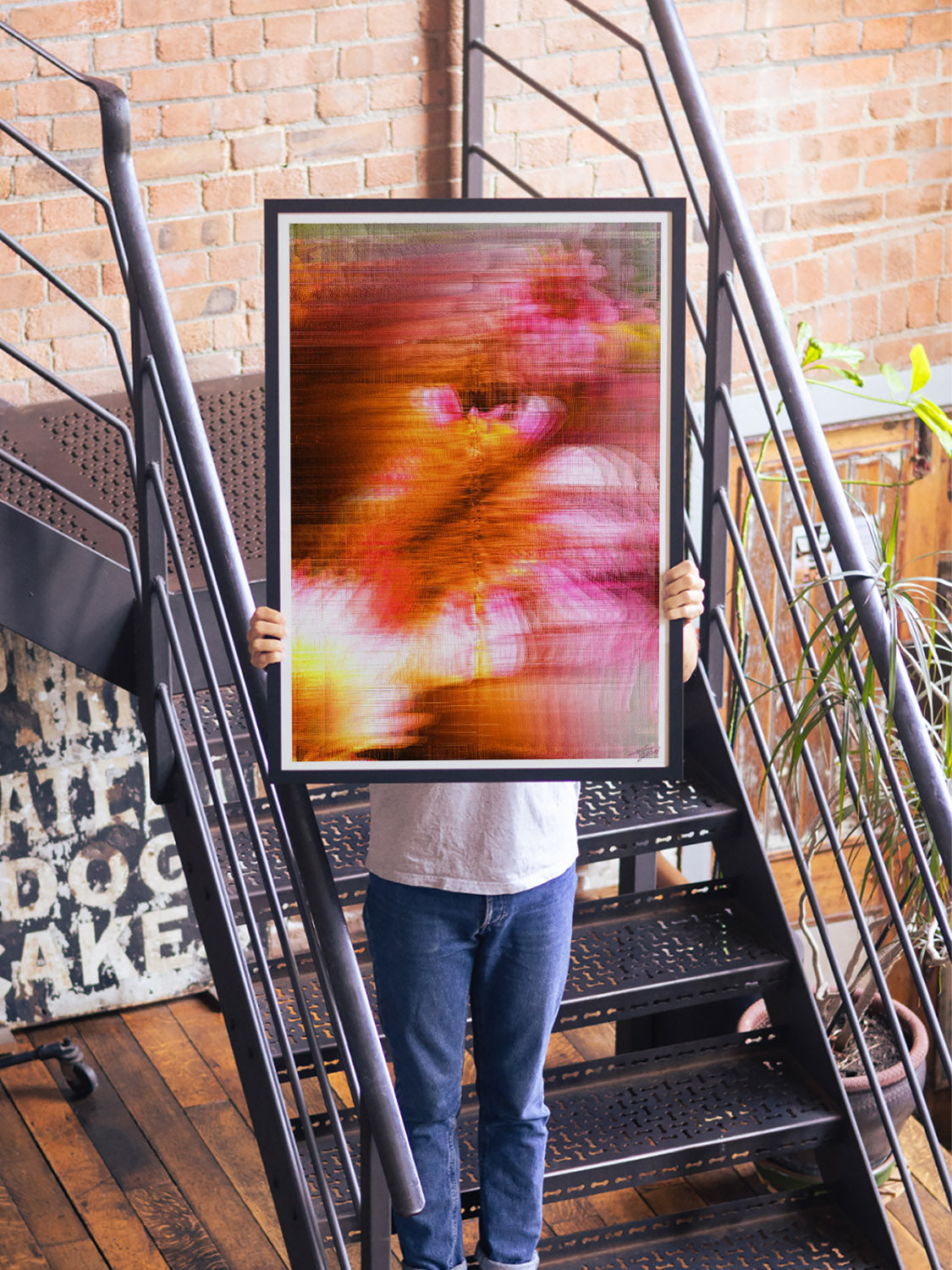 "Glitch 25.915 Flwr.001 by Aaron Borchardt in styled interior, East Side Studio London, fine art print, framed."