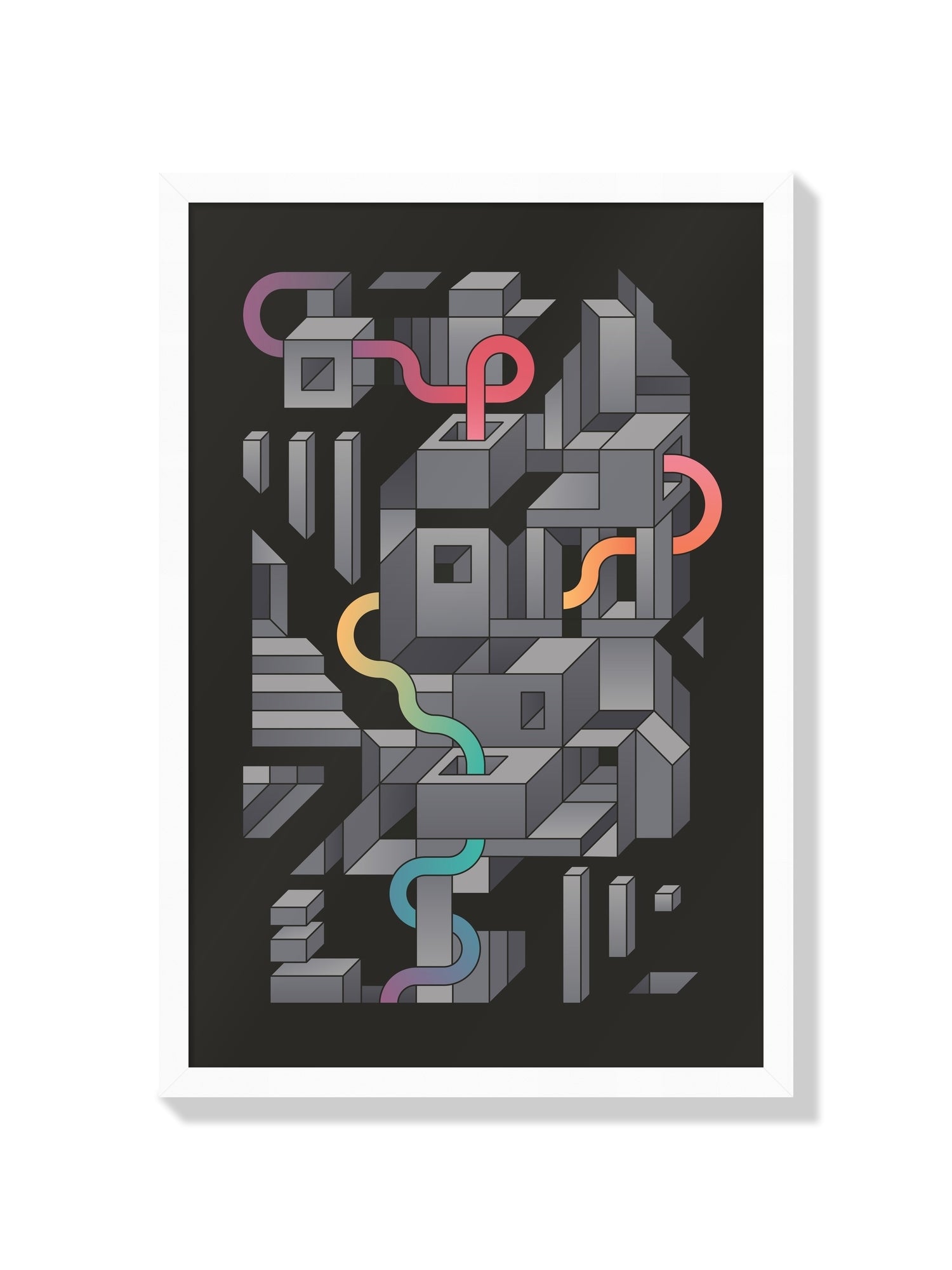 "Shape Shift 06" fine art print by Rick Crane in white frame, abstract design with geometric shapes. |frame=White Frame|