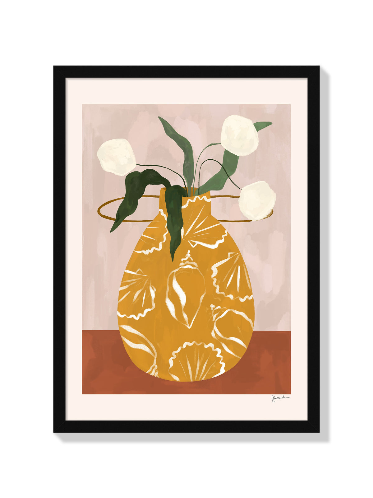 White Flowers In Shell Vase - Frankie Penwill - Black Frame |frame=Black Frame|