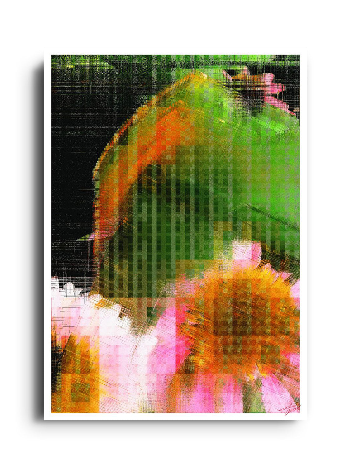"Glitch 25.915 Flwr.002" by Aaron Borchardt, unframed fine art print, product mockup on East Side Studio London.