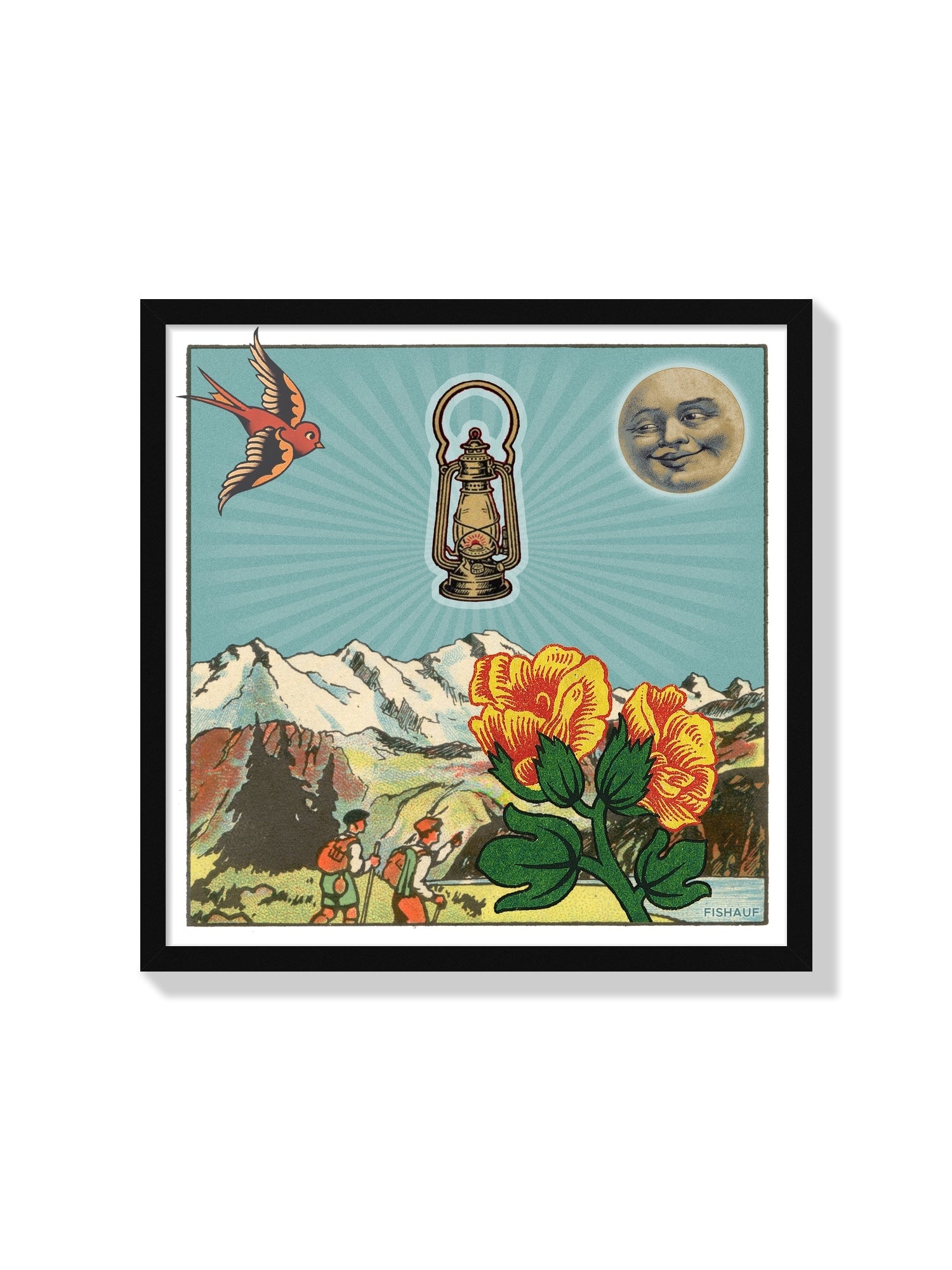 Fine art print "HIKERS" by LOUIS FISHAUF in black frame, showcasing mountain hiking scene. |frame=Black Frame|