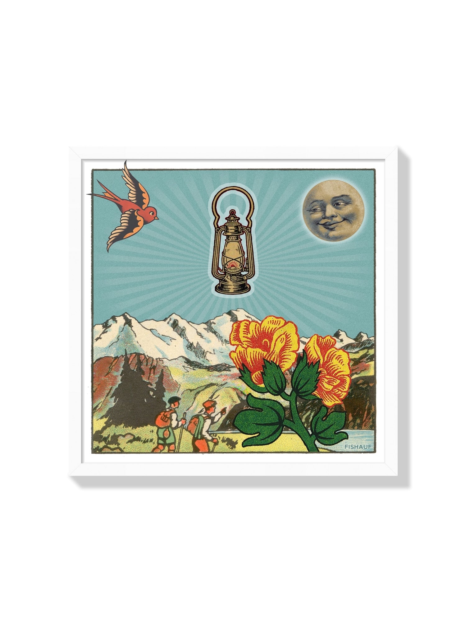 Fine art print "HIKERS" by LOUIS FISHAUF displayed in white frame. |frame=White Frame|