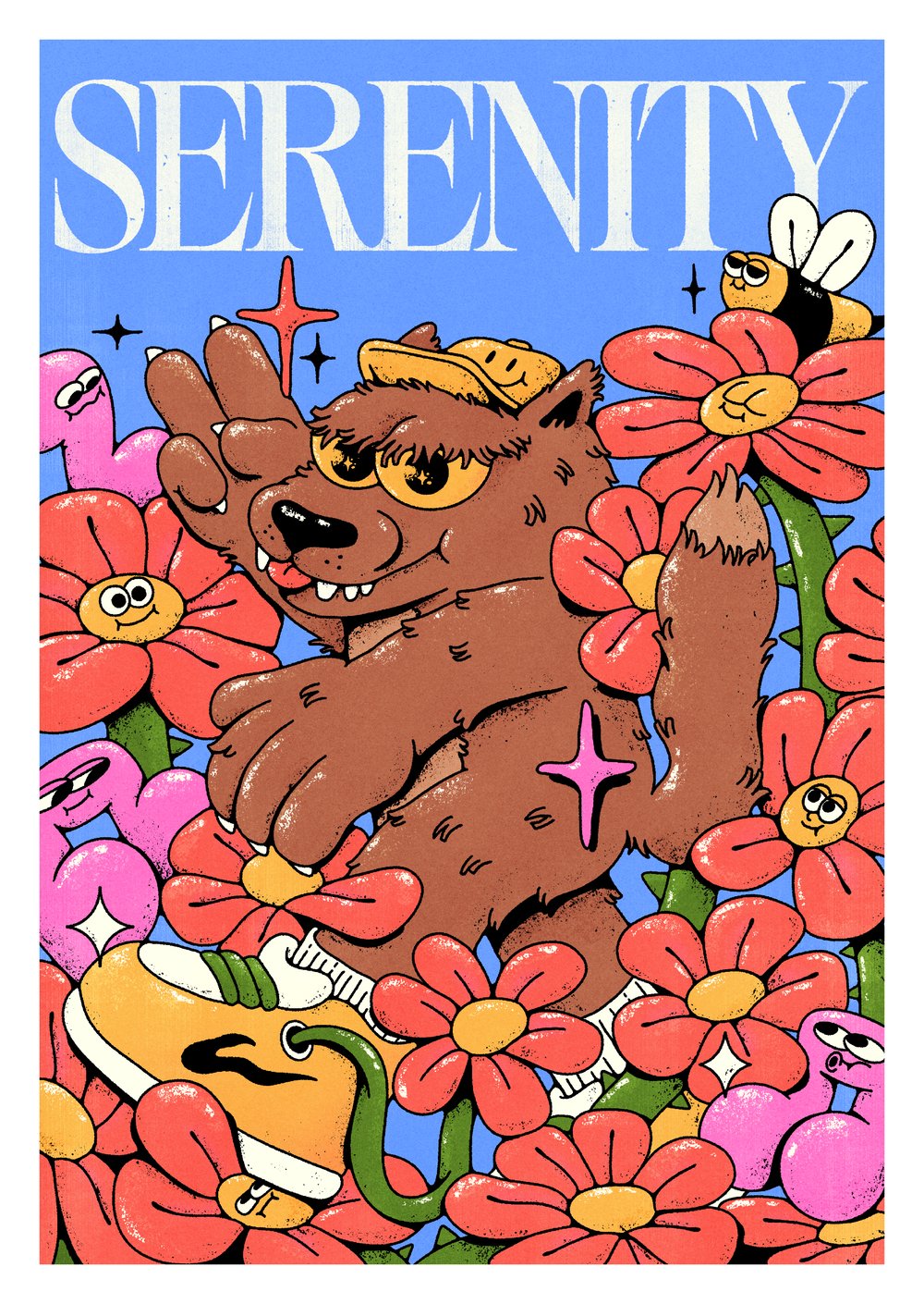 a picture of a bear surrounded by flowers