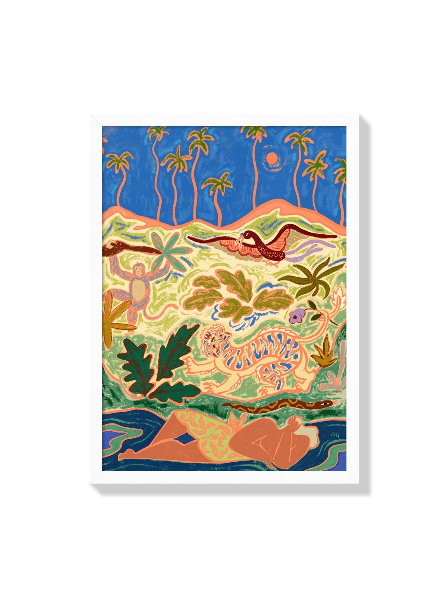 "Wild World" by Arty Guava in white frame, fine art print showcasing intricate designs and vibrant colors. |frame=White Frame|