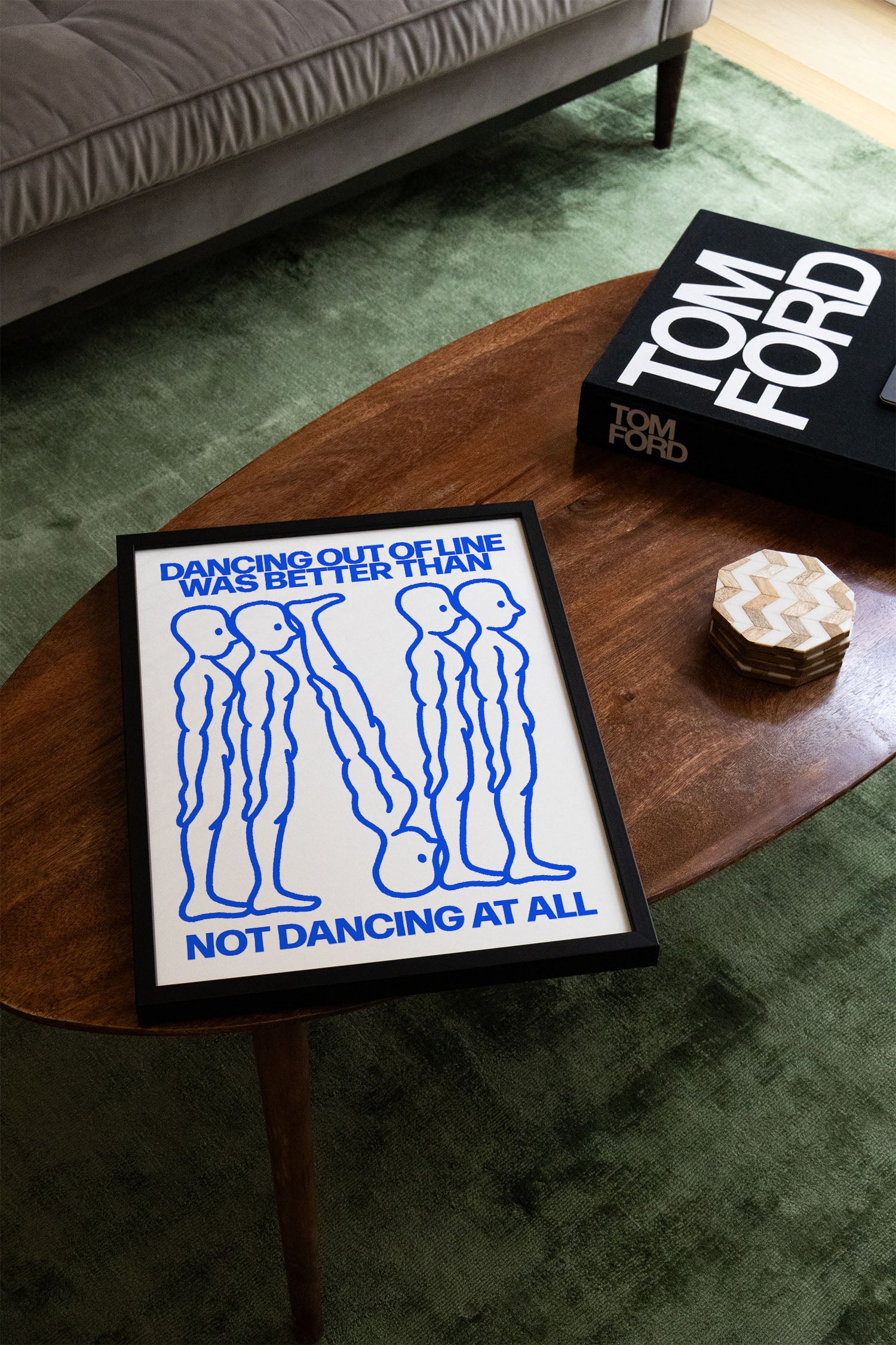 a coffee table with a sign on top of it