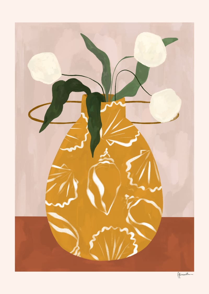 White Flowers In Shell Vase - Frankie Penwill
