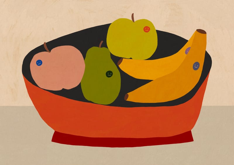 Fruit With Stickers In Fruit Bowl - Sophie Deller